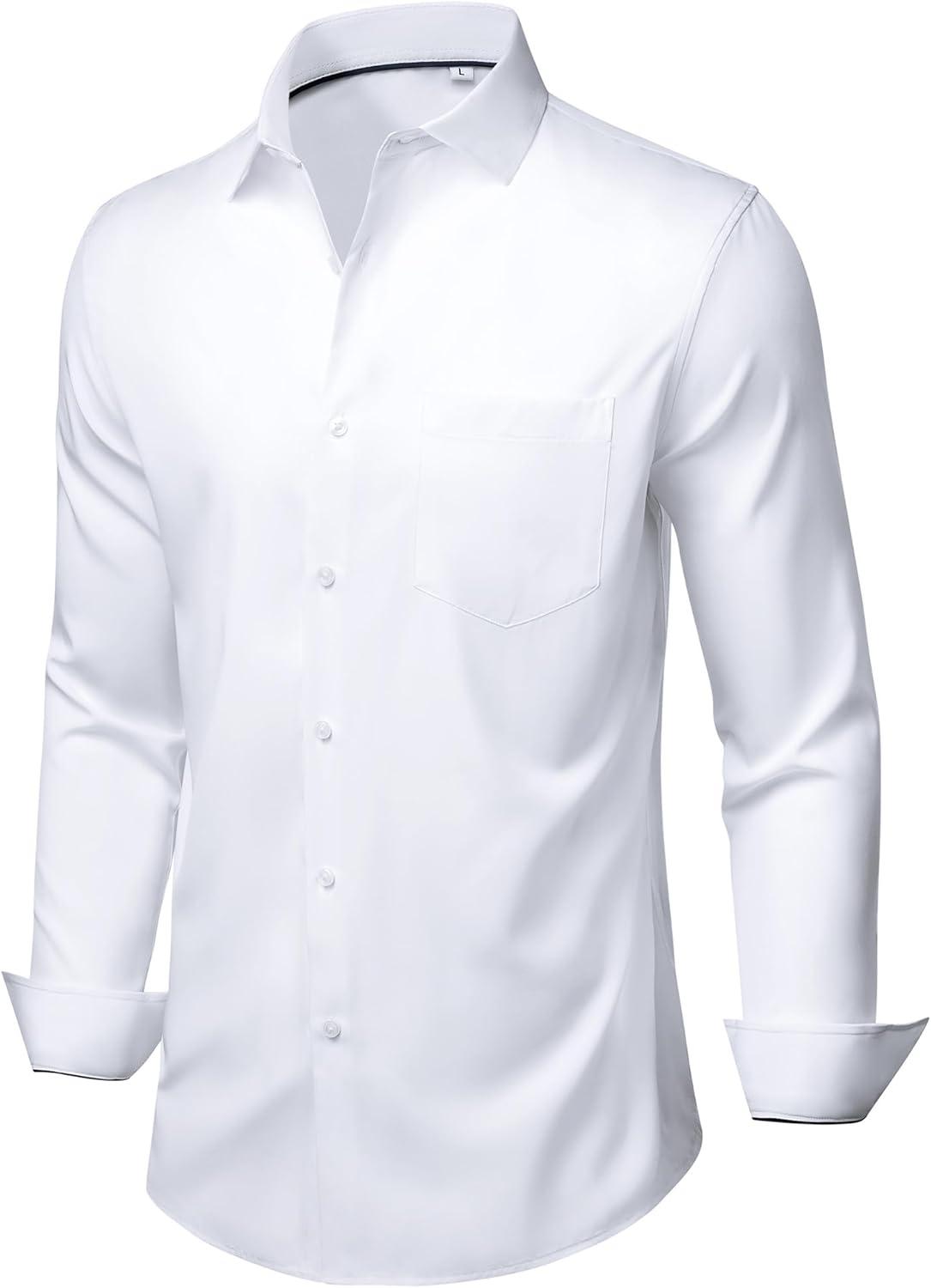 imageAlimens amp Gentle Mens Dress Shirts Stretch Long Sleeve Wrinkle Free Business Casual Button Down Shirt for WeddingWhite