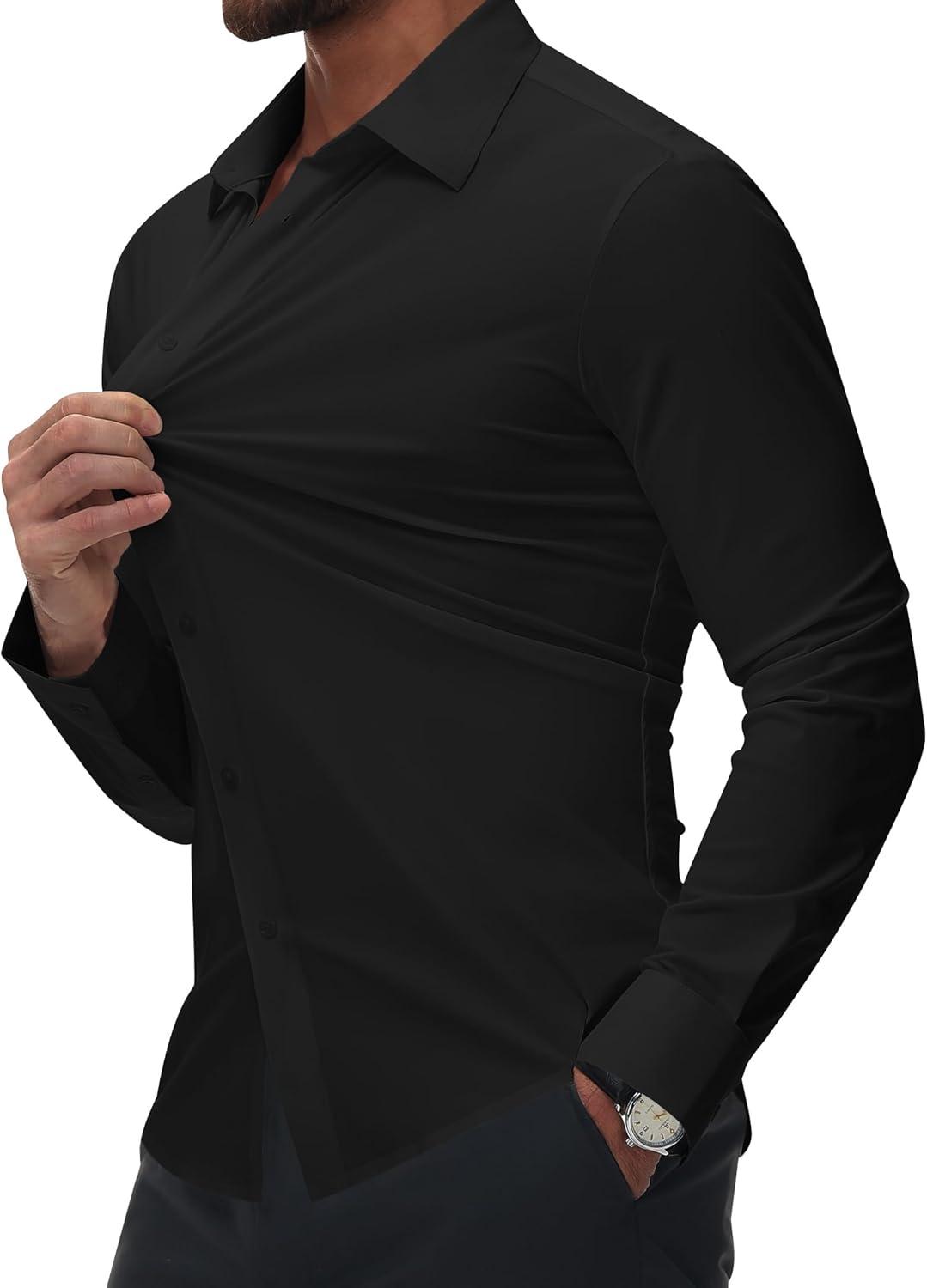 imageAlimens amp Gentle Mens Dress Shirts Stretch Muscle Fit Wrinkle Free Long Sleeve Button Down Shirt Casual Business Formal ShirtBlack