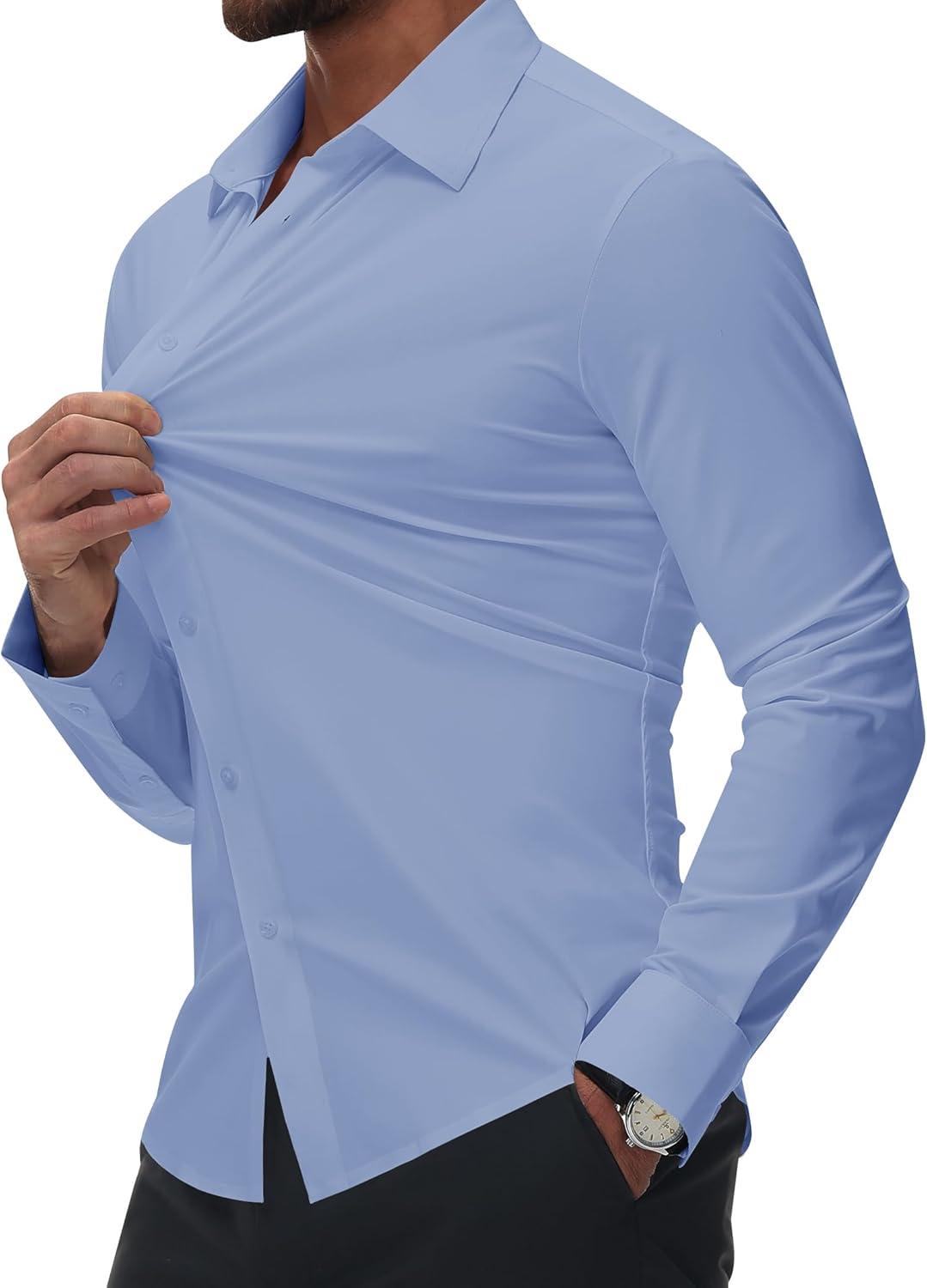 imageAlimens amp Gentle Mens Dress Shirts Stretch Muscle Fit Wrinkle Free Long Sleeve Button Down Shirt Casual Business Formal ShirtBlue