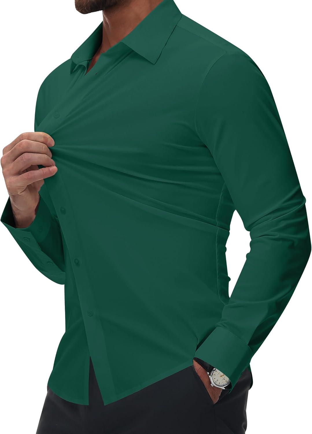 imageAlimens amp Gentle Mens Dress Shirts Stretch Muscle Fit Wrinkle Free Long Sleeve Button Down Shirt Casual Business Formal ShirtGreen