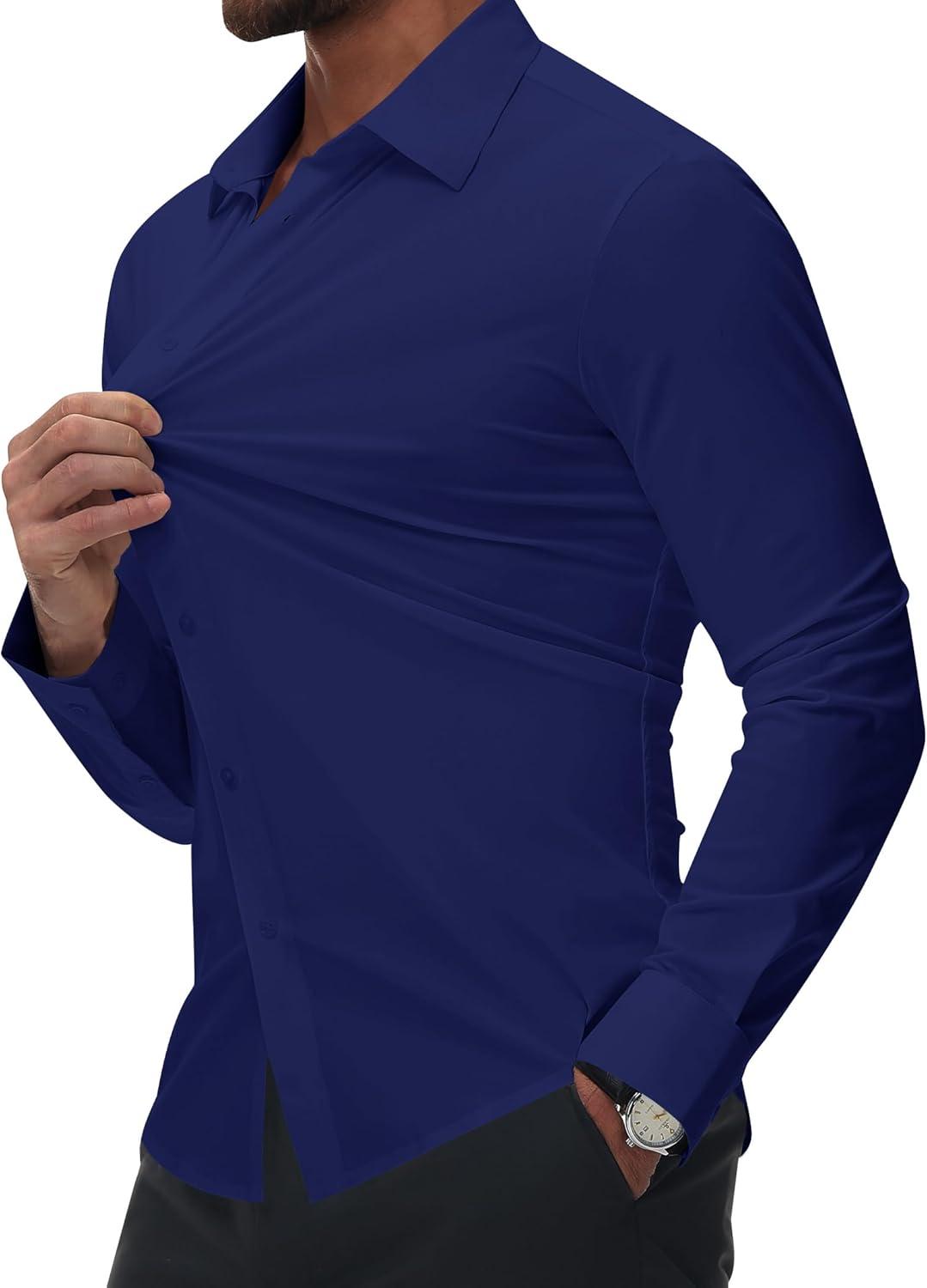 imageAlimens amp Gentle Mens Dress Shirts Stretch Muscle Fit Wrinkle Free Long Sleeve Button Down Shirt Casual Business Formal ShirtNavy Blue