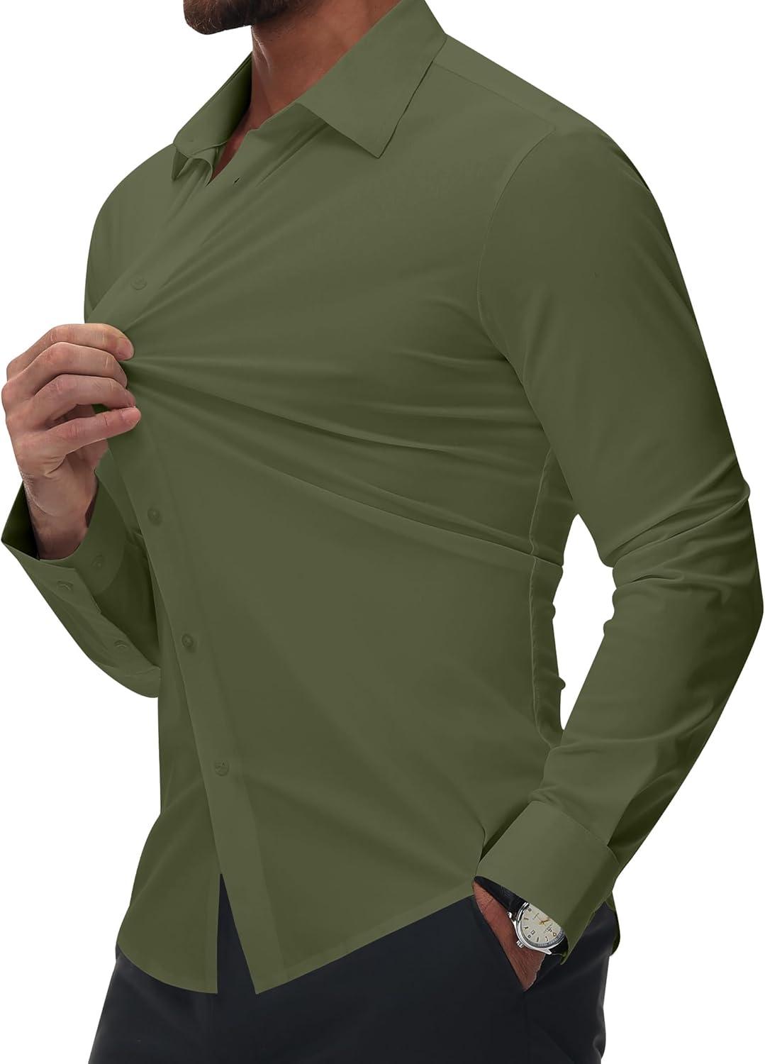imageAlimens amp Gentle Mens Dress Shirts Stretch Muscle Fit Wrinkle Free Long Sleeve Button Down Shirt Casual Business Formal ShirtOlive
