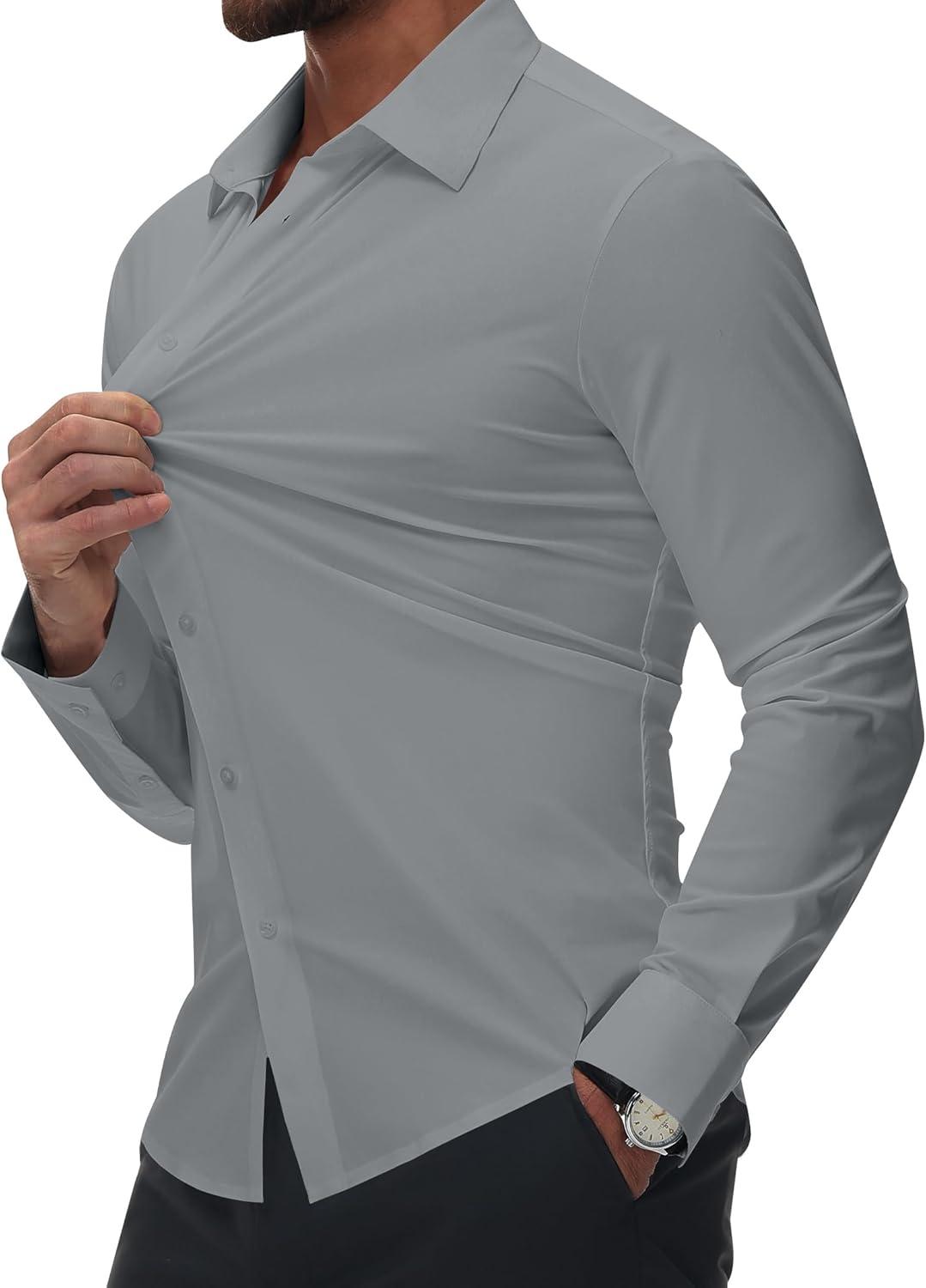 imageAlimens amp Gentle Mens Dress Shirts Stretch Muscle Fit Wrinkle Free Long Sleeve Button Down Shirt Casual Business Formal ShirtSilver