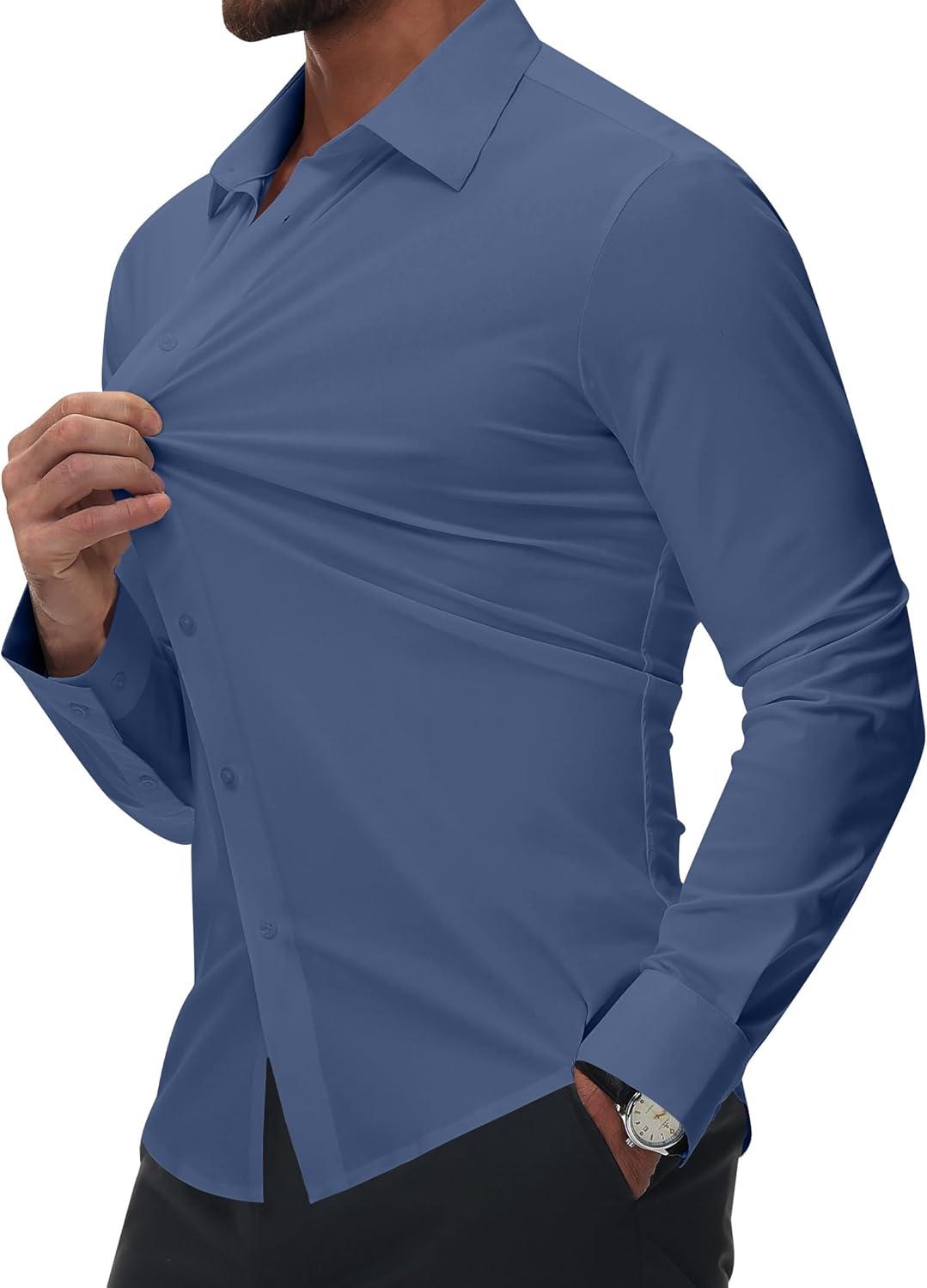 imageAlimens amp Gentle Mens Dress Shirts Stretch Muscle Fit Wrinkle Free Long Sleeve Button Down Shirt Casual Business Formal ShirtSteel Blue