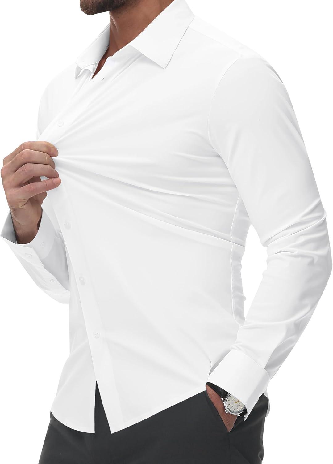 imageAlimens amp Gentle Mens Dress Shirts Stretch Muscle Fit Wrinkle Free Long Sleeve Button Down Shirt Casual Business Formal ShirtWhite