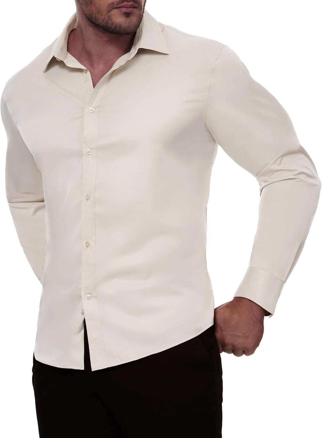 imageAlimens amp Gentle Mens Dress Shirts Transitional Weather Long Sleeve Stretch WrinkleFree Button Down TopBeige