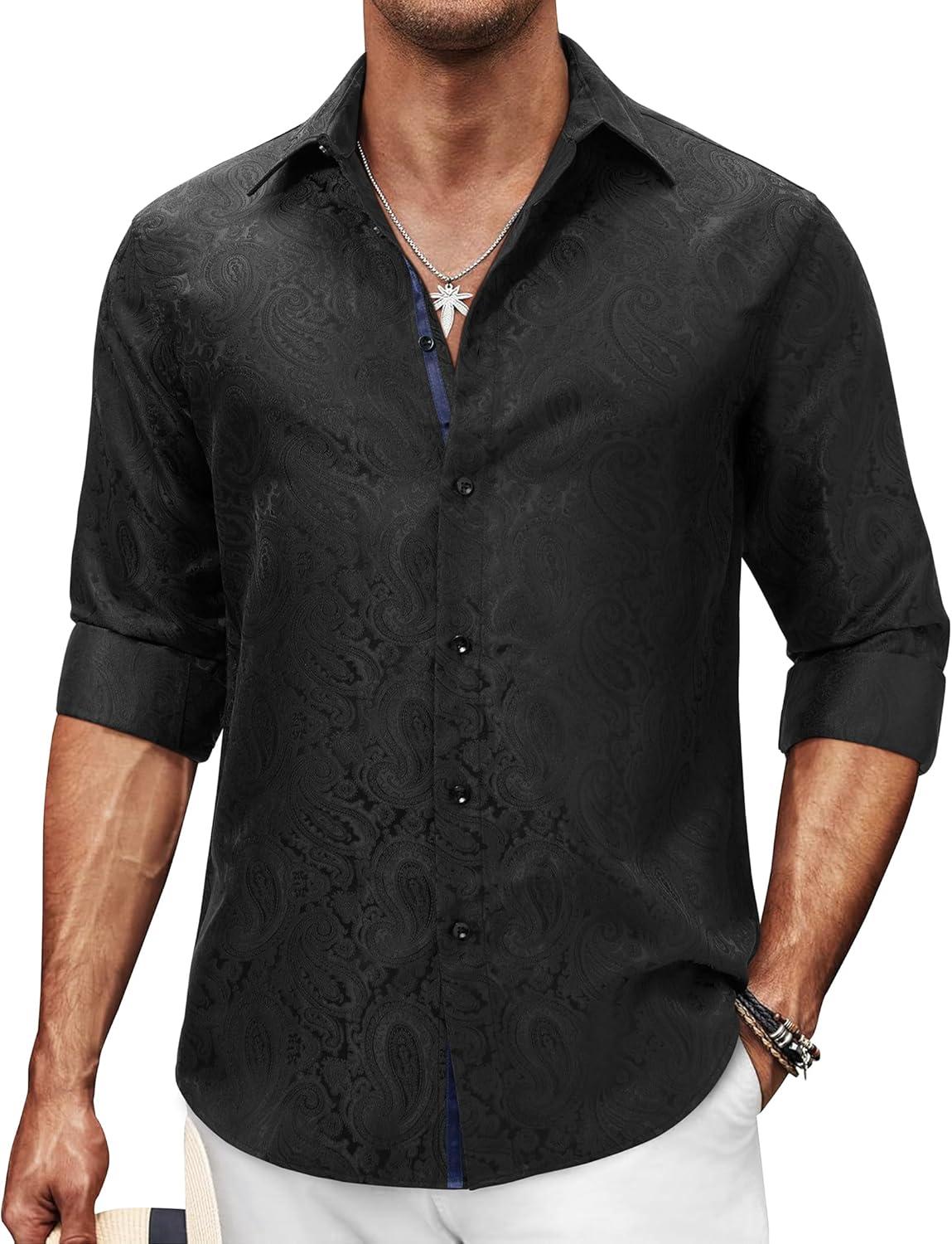imageAlimens amp Gentle Mens Paisley Dress Shirt Long Sleeve Luxury Button Down Floral Shirt Party Casual WeddingBlack