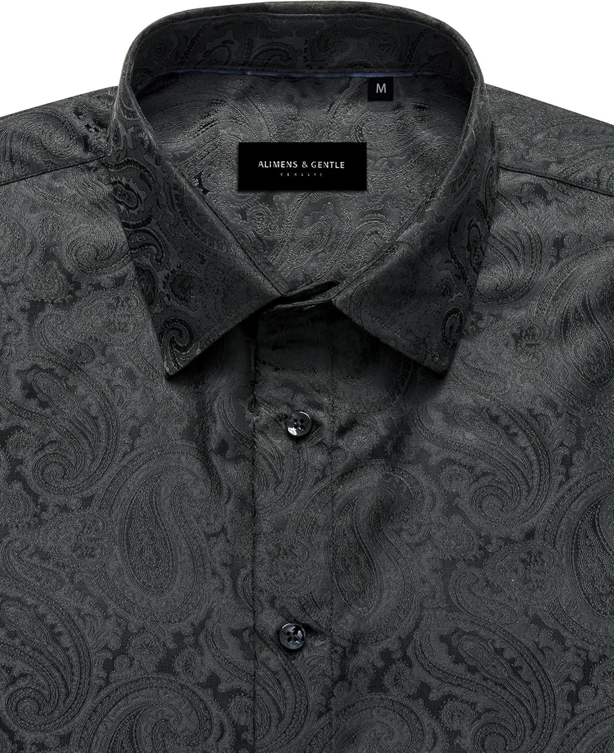 imageAlimens amp Gentle Mens Paisley Dress Shirt Long Sleeve Luxury Button Down Floral Shirt Party Casual WeddingBlack