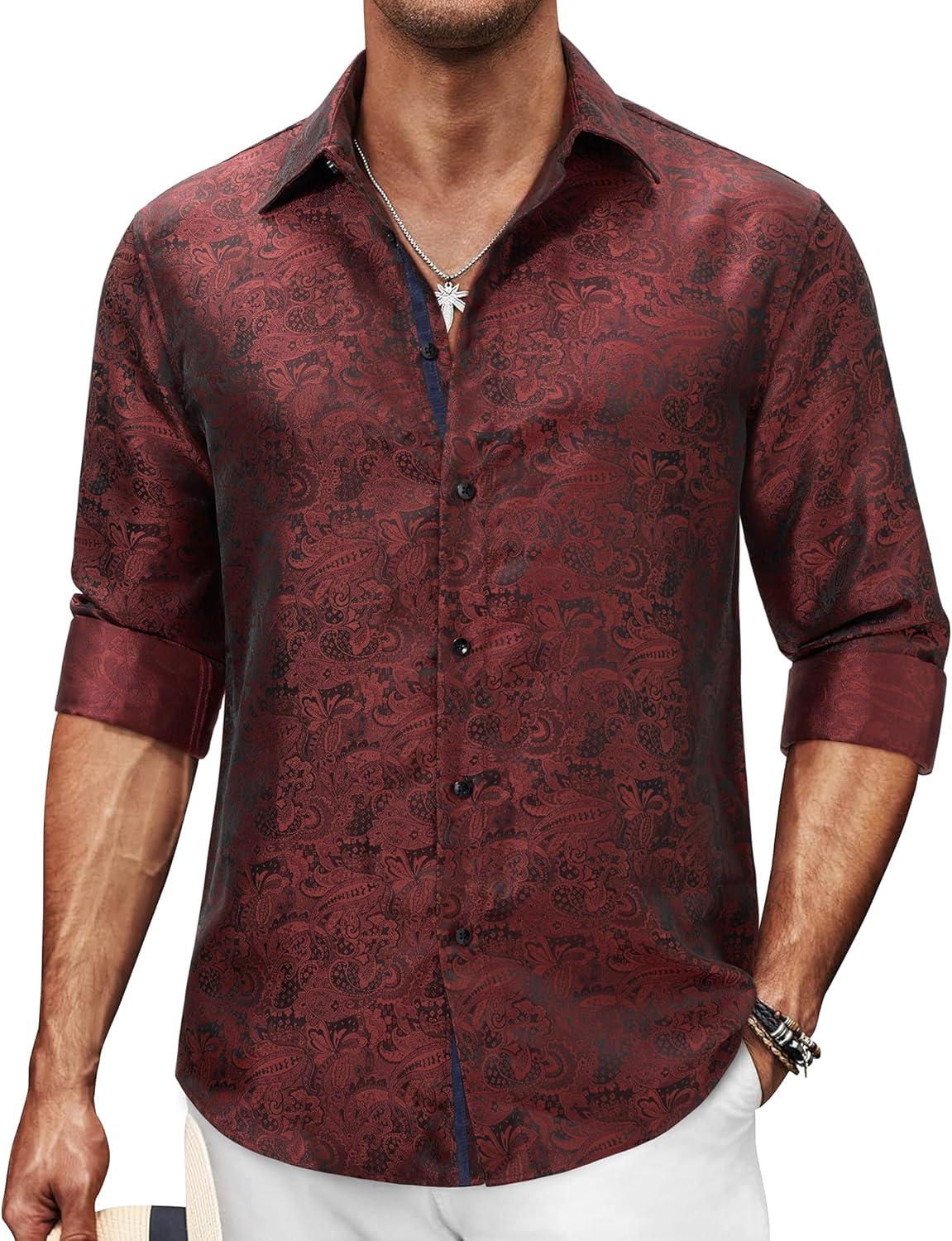 imageAlimens amp Gentle Mens Paisley Dress Shirt Long Sleeve Luxury Button Down Floral Shirt Party Casual WeddingBlack Red