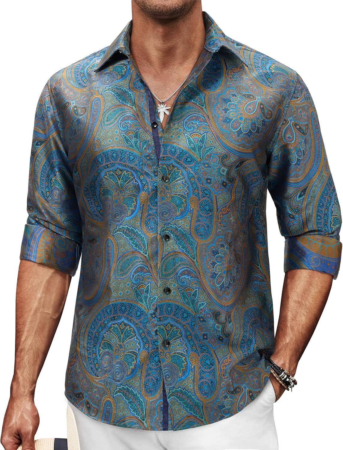 imageAlimens amp Gentle Mens Paisley Dress Shirt Long Sleeve Luxury Button Down Floral Shirt Party Casual WeddingBlue