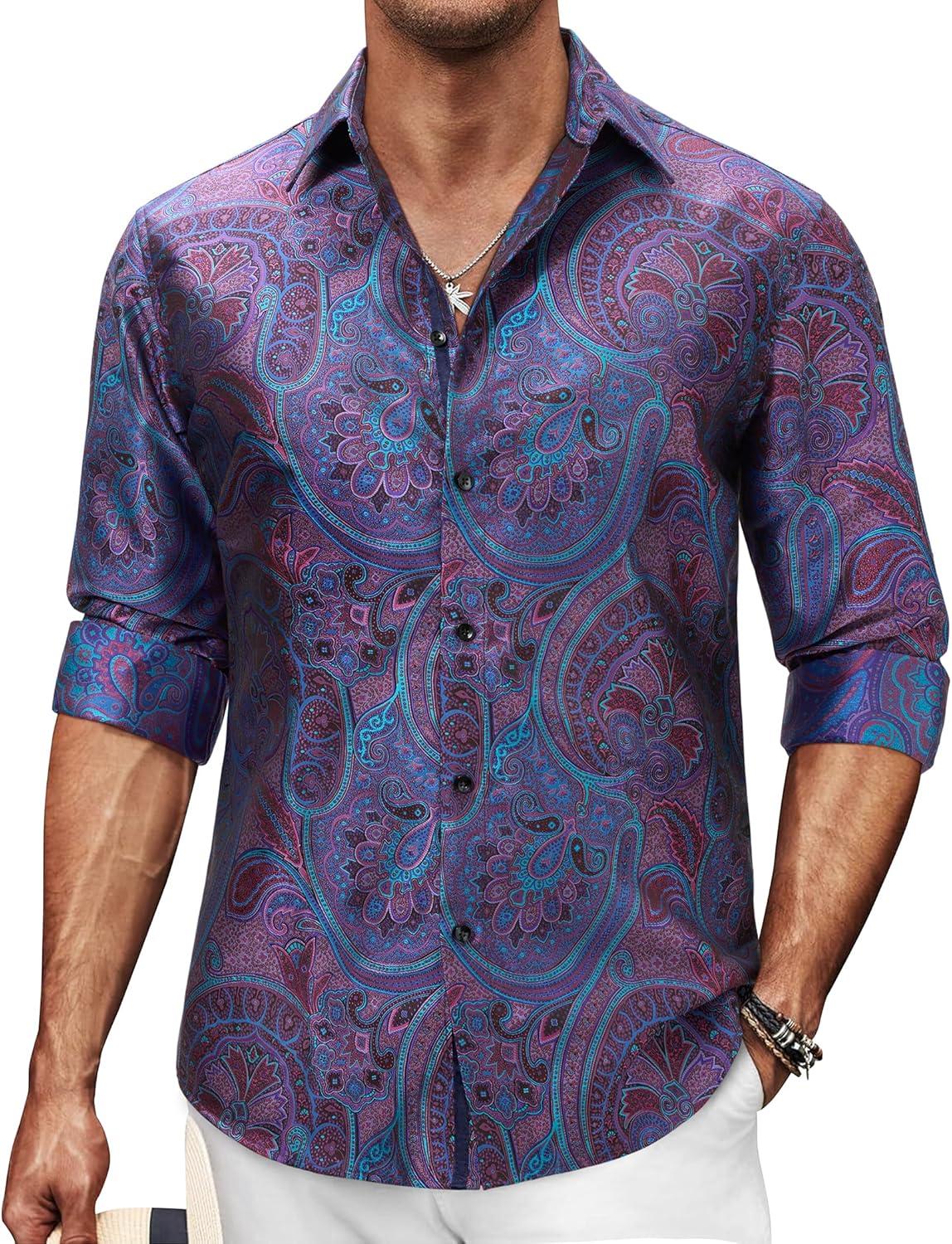 imageAlimens amp Gentle Mens Paisley Dress Shirt Long Sleeve Luxury Button Down Floral Shirt Party Casual WeddingPurple Blue