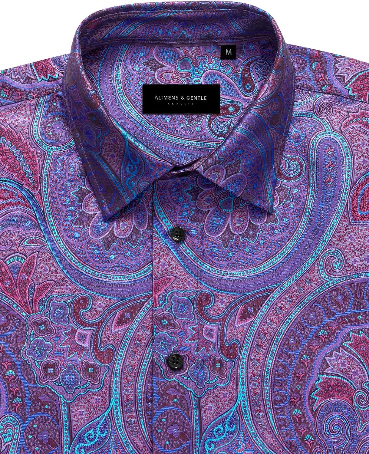 imageAlimens amp Gentle Mens Paisley Dress Shirt Long Sleeve Luxury Button Down Floral Shirt Party Casual WeddingPurple Blue