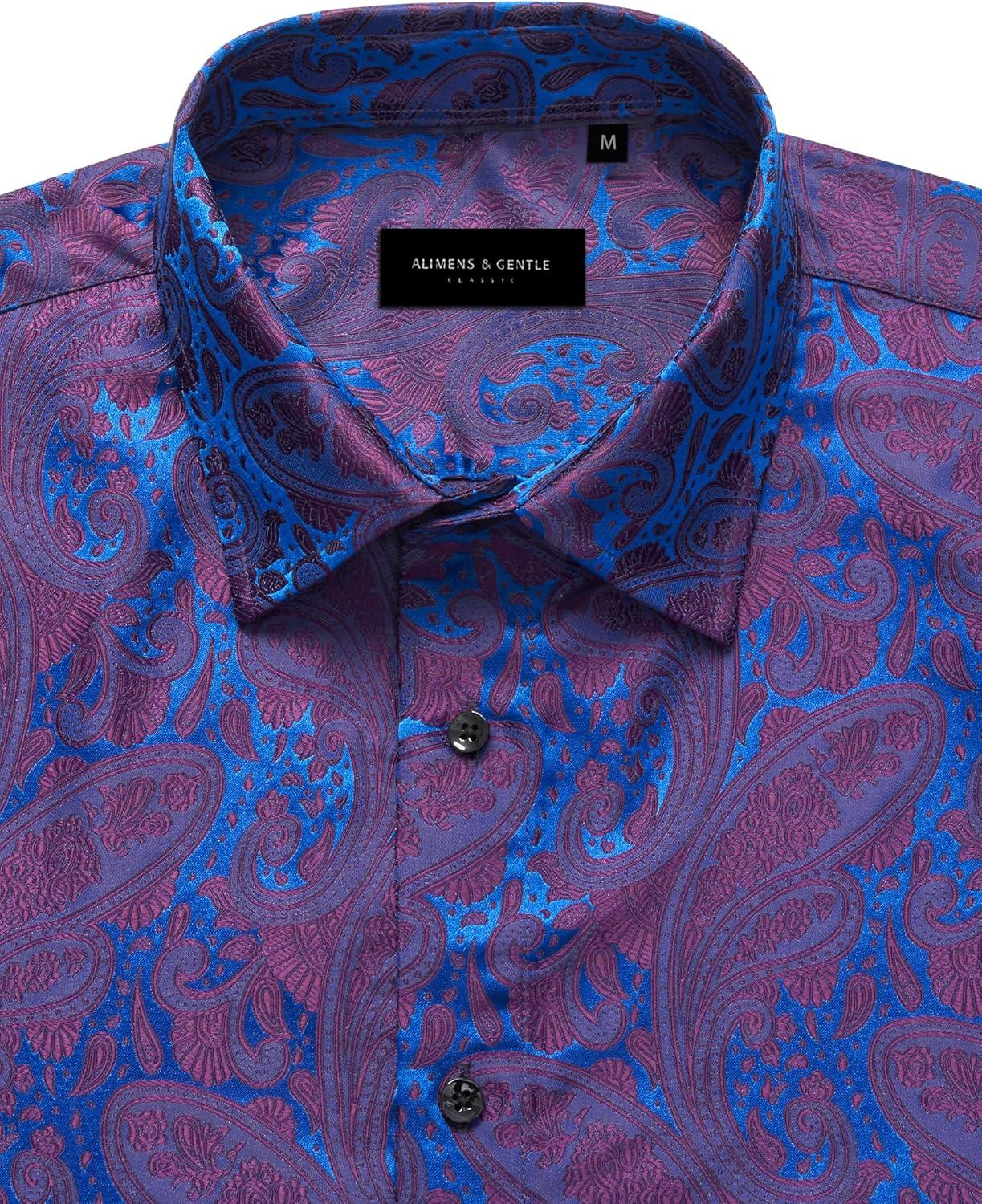 imageAlimens amp Gentle Mens Paisley Dress Shirt Long Sleeve Luxury Button Down Floral Shirt Party Casual WeddingPurple Teal