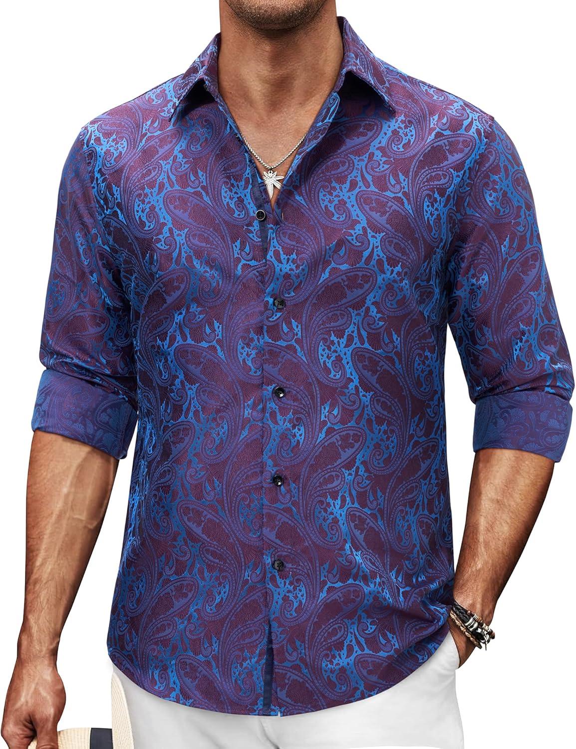 imageAlimens amp Gentle Mens Paisley Dress Shirt Long Sleeve Luxury Button Down Floral Shirt Party Casual WeddingPurple Teal