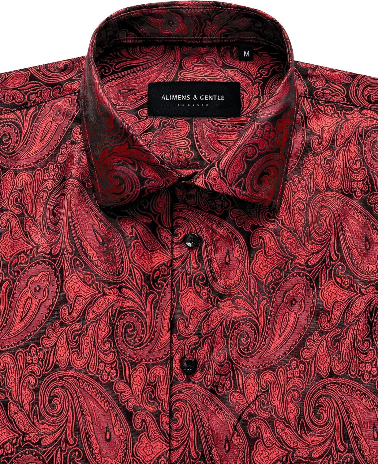 imageAlimens amp Gentle Mens Paisley Dress Shirt Long Sleeve Luxury Button Down Floral Shirt Party Casual WeddingRed