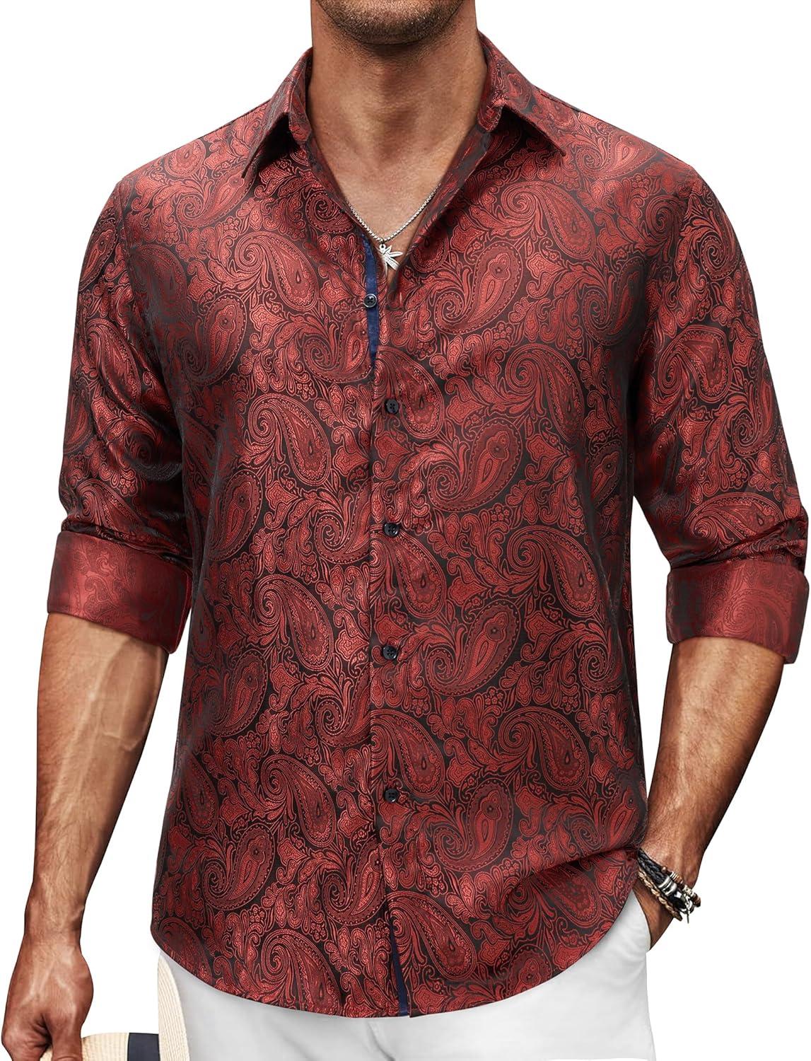 imageAlimens amp Gentle Mens Paisley Dress Shirt Long Sleeve Luxury Button Down Floral Shirt Party Casual WeddingRed