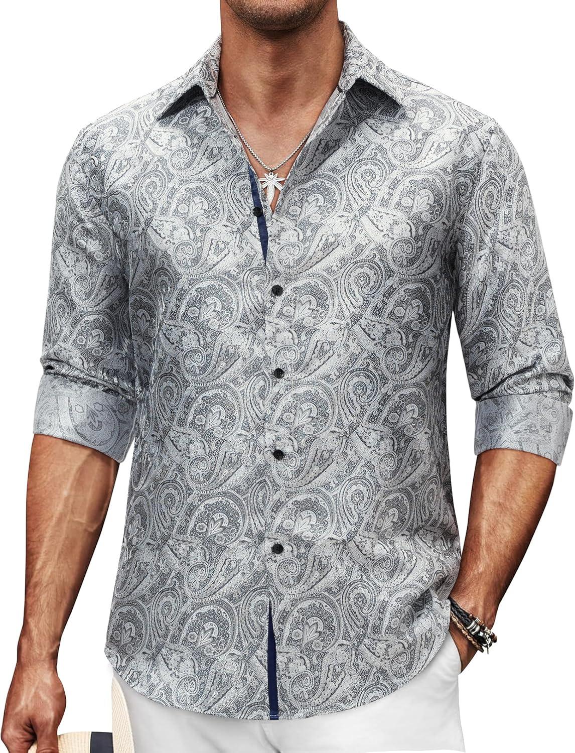 imageAlimens amp Gentle Mens Paisley Dress Shirt Long Sleeve Luxury Button Down Floral Shirt Party Casual WeddingSilver