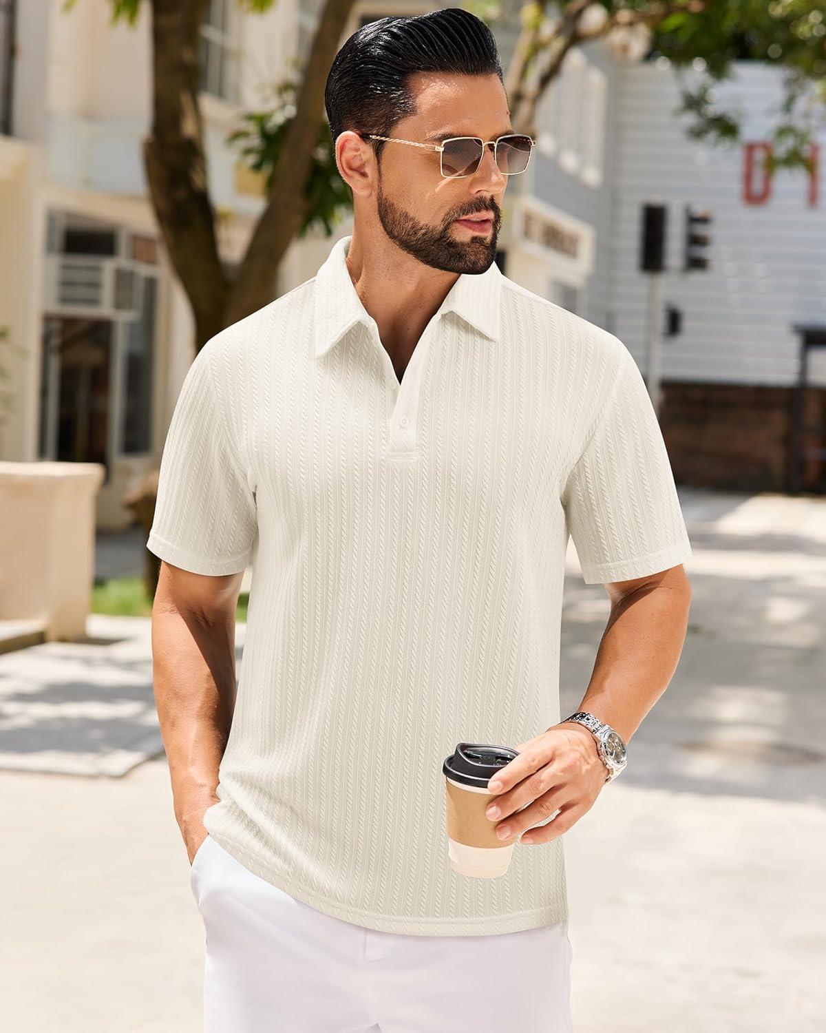 imageAlimens amp Gentle Mens Polo Shirts Short Sleeve Textured Knit Casual Beach Vacation Stretchy Golf ShirtsBeige