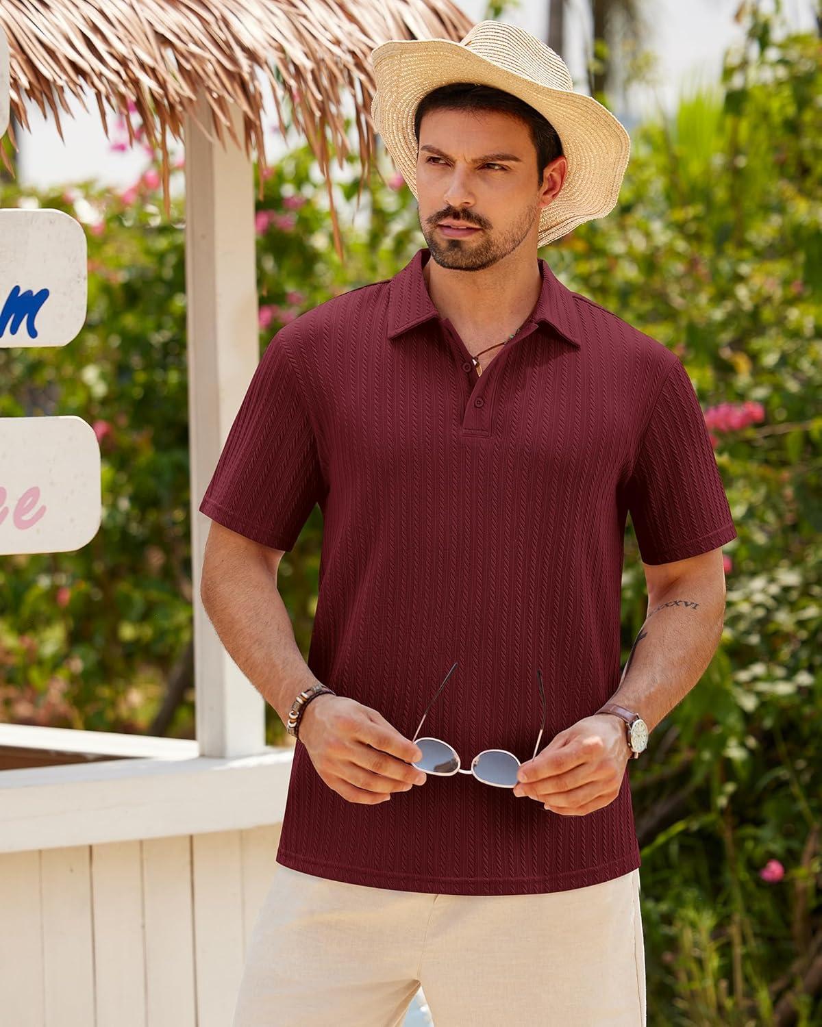 imageAlimens amp Gentle Mens Polo Shirts Short Sleeve Textured Knit Casual Beach Vacation Stretchy Golf ShirtsBurgundy