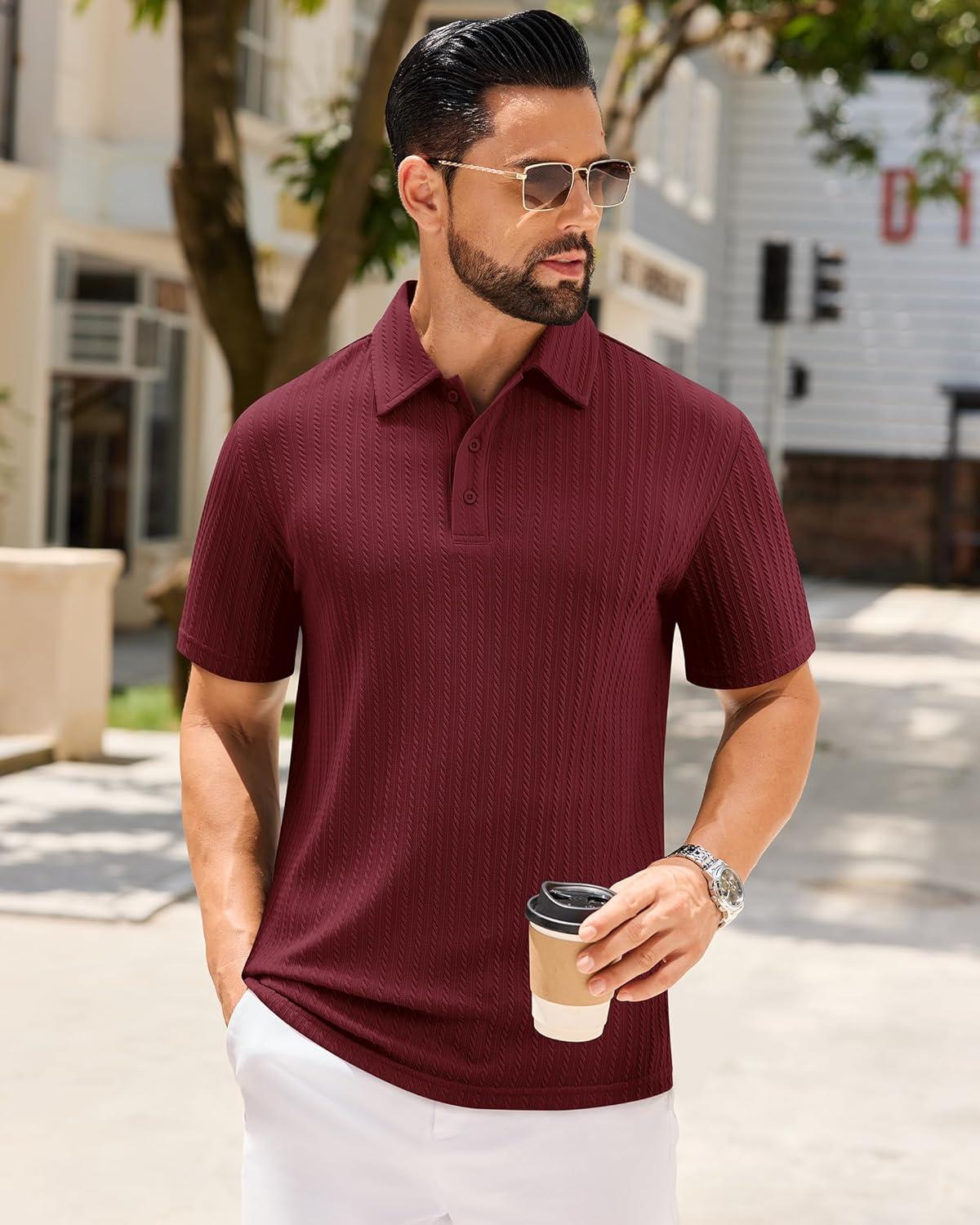 imageAlimens amp Gentle Mens Polo Shirts Short Sleeve Textured Knit Casual Beach Vacation Stretchy Golf ShirtsBurgundy