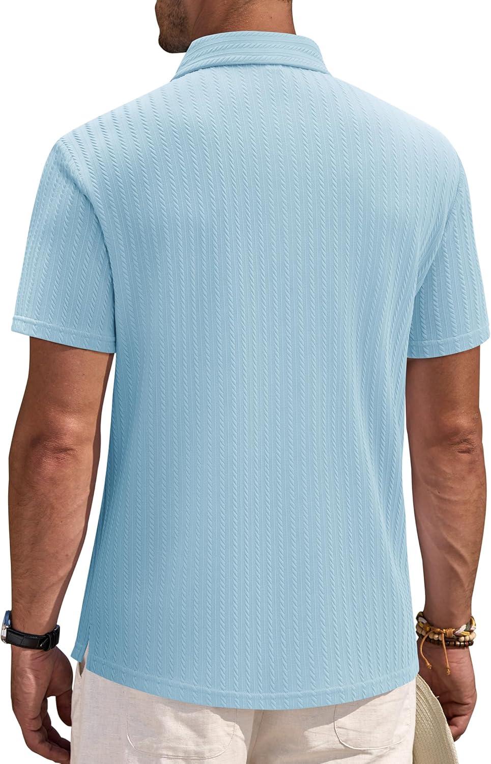imageAlimens amp Gentle Mens Polo Shirts Short Sleeve Textured Knit Casual Beach Vacation Stretchy Golf ShirtsLight Blue