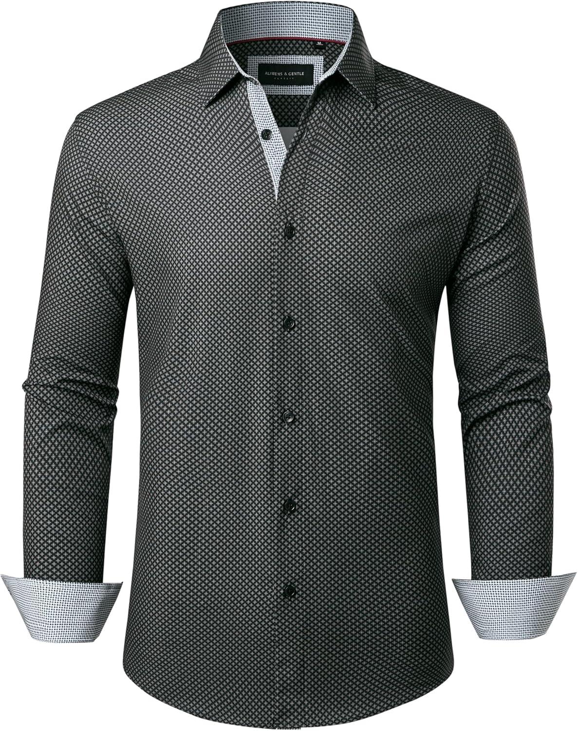 imageAlimens amp Gentle Mens Printed Dress Shirts Long Sleeve Wrinkle Free Button Down Shirt Regular Fit Casual Business TopsBlack Flower