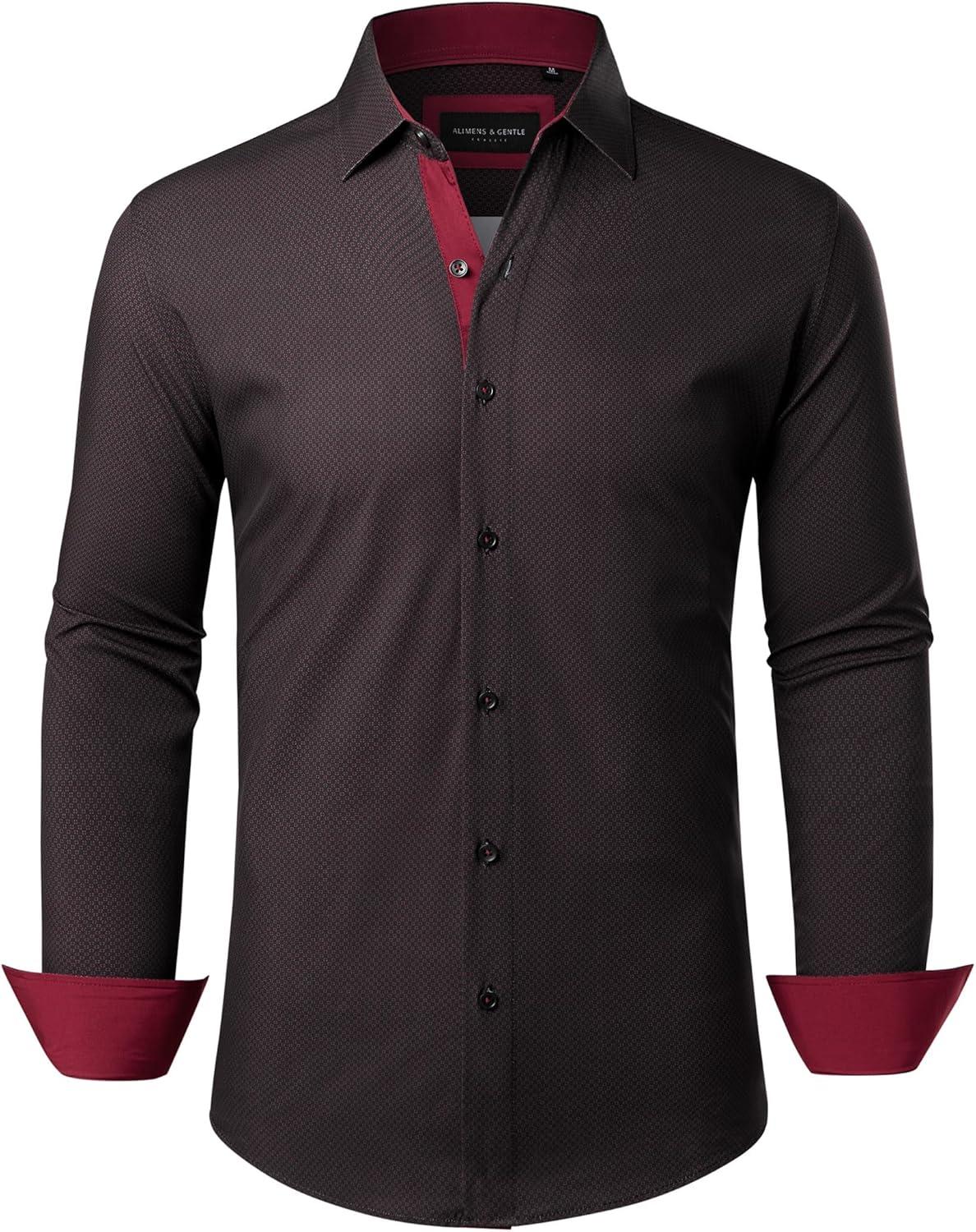 imageAlimens amp Gentle Mens Printed Dress Shirts Long Sleeve Wrinkle Free Button Down Shirt Regular Fit Casual Business TopsBurgundy