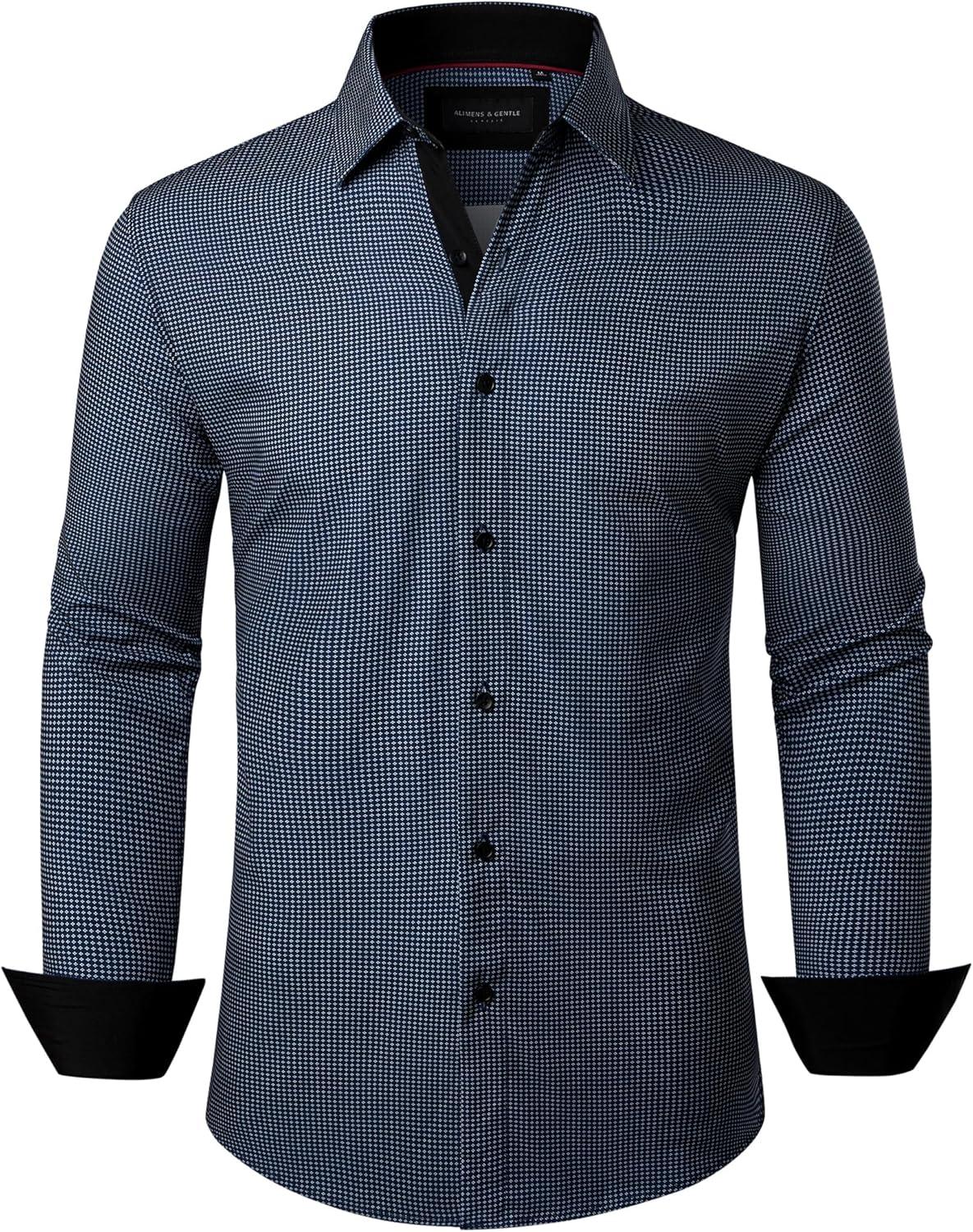 imageAlimens amp Gentle Mens Printed Dress Shirts Long Sleeve Wrinkle Free Button Down Shirt Regular Fit Casual Business TopsDeep Blue