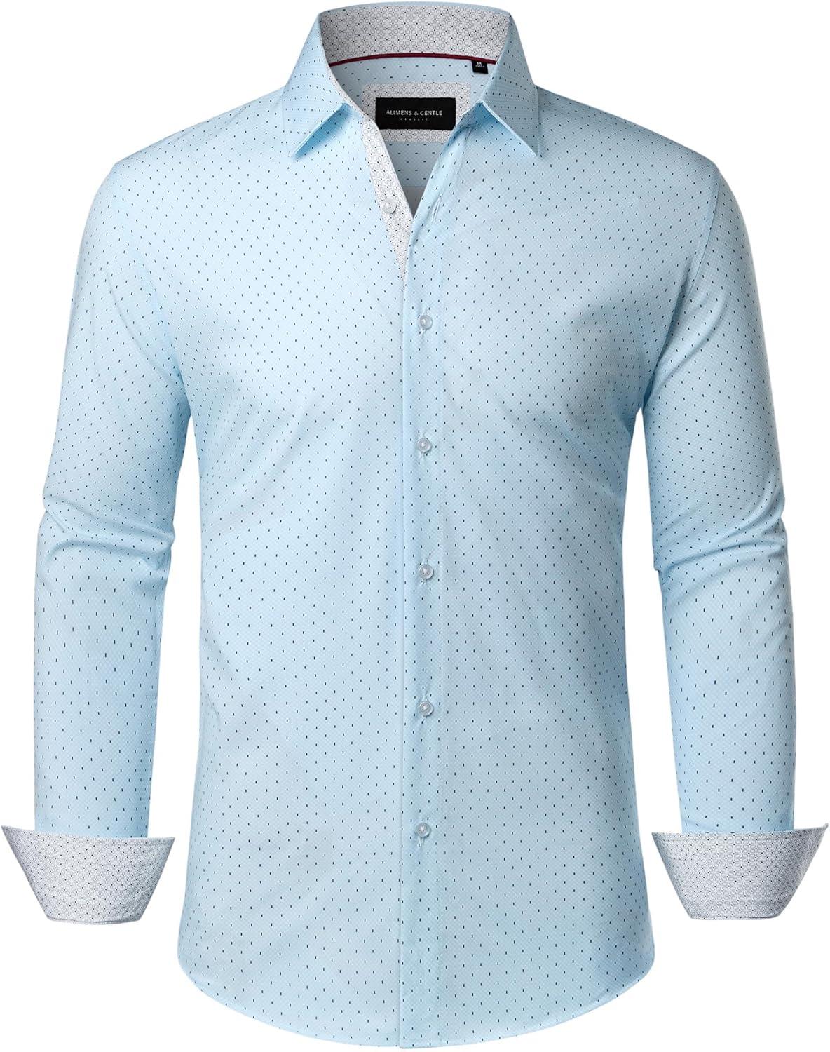 imageAlimens amp Gentle Mens Printed Dress Shirts Long Sleeve Wrinkle Free Button Down Shirt Regular Fit Casual Business TopsLight Blue