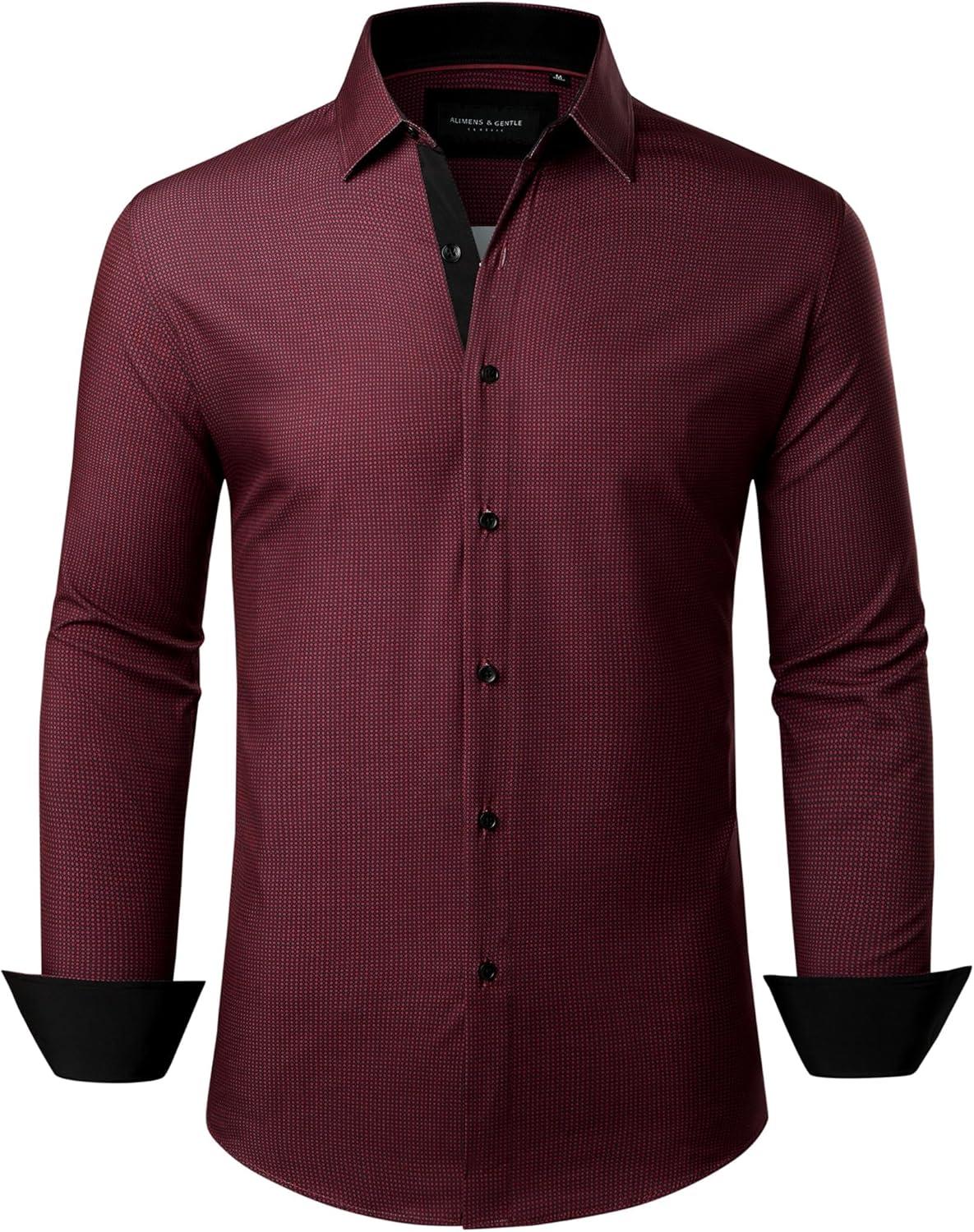 imageAlimens amp Gentle Mens Printed Dress Shirts Long Sleeve Wrinkle Free Button Down Shirt Regular Fit Casual Business TopsRed