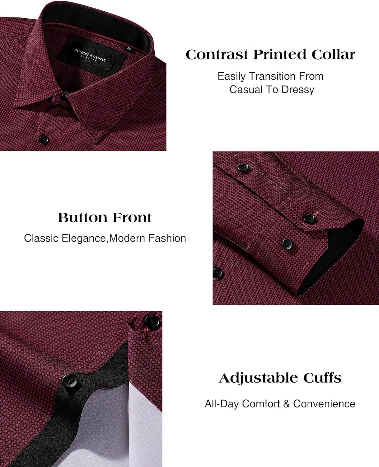 imageAlimens amp Gentle Mens Printed Dress Shirts Long Sleeve Wrinkle Free Button Down Shirt Regular Fit Casual Business TopsRed
