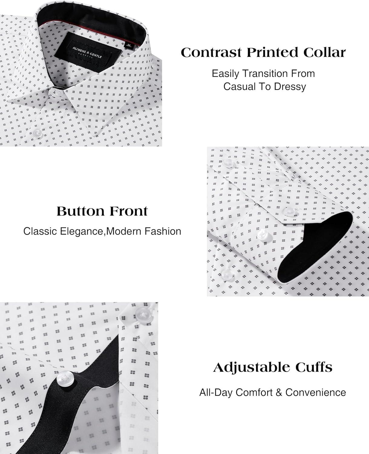 imageAlimens amp Gentle Mens Printed Dress Shirts Long Sleeve Wrinkle Free Button Down Shirt Regular Fit Casual Business TopsWhite Black