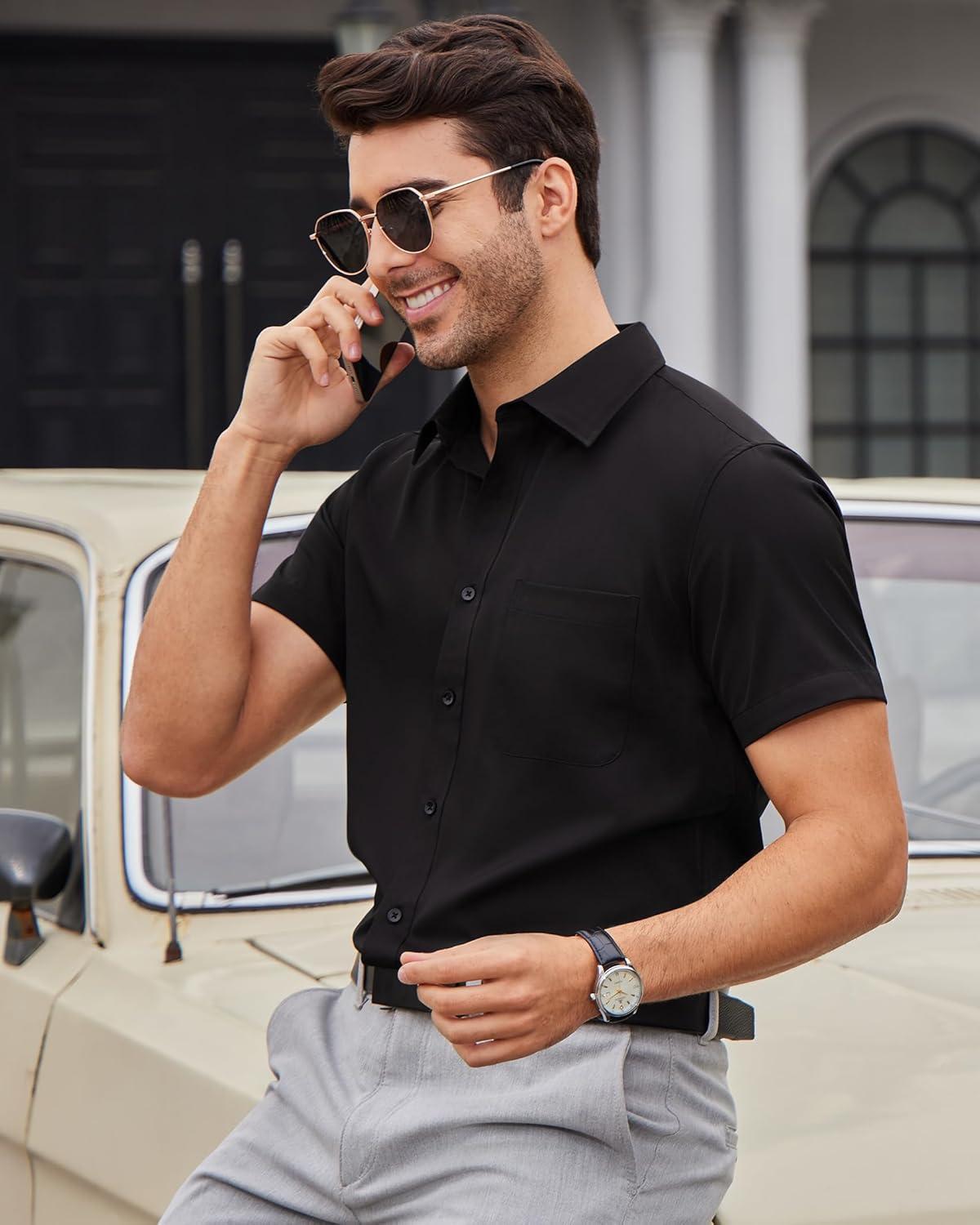 imageAlimens amp Gentle Mens Short Sleeve Dress Shirts Wrinkle Free Solid Casual Button Down Shirts with PocketAll Black