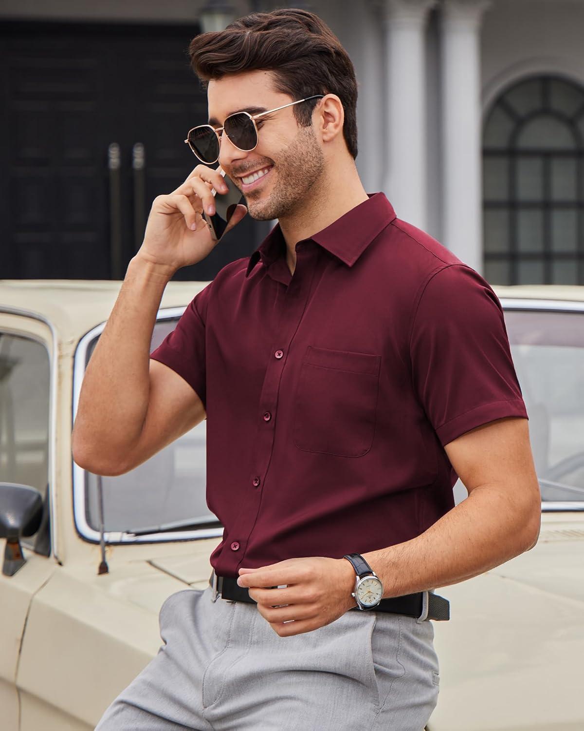 imageAlimens amp Gentle Mens Short Sleeve Dress Shirts Wrinkle Free Solid Casual Button Down Shirts with PocketAwine Red