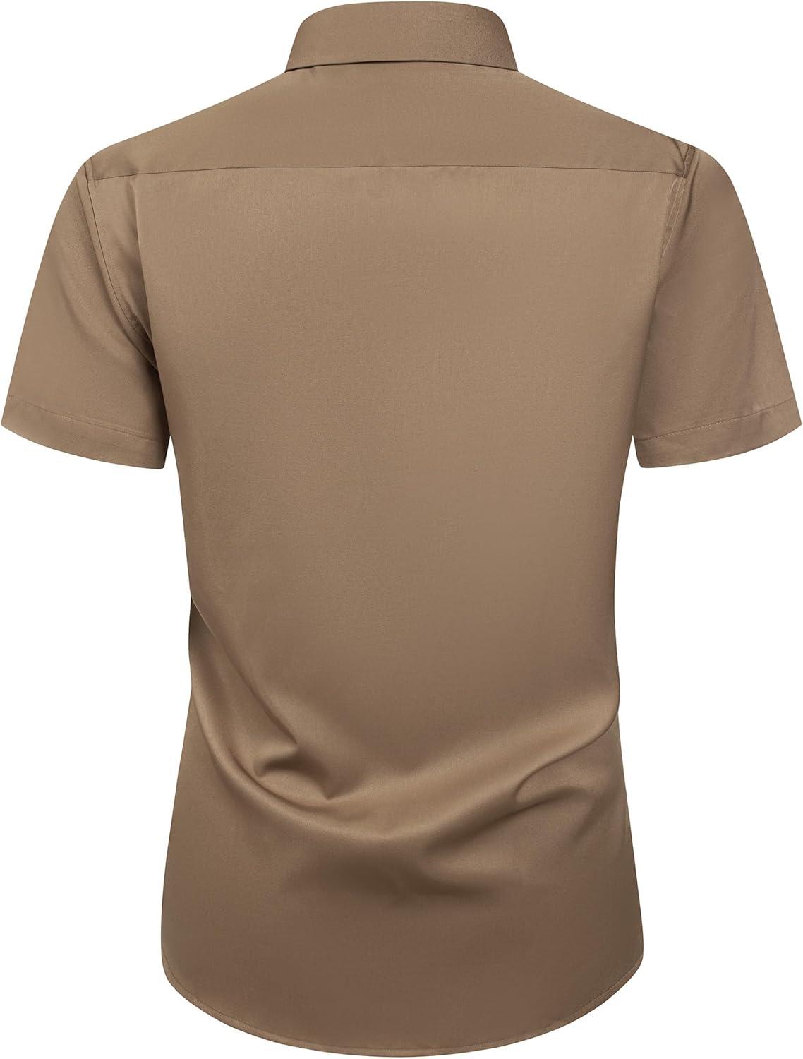 imageAlimens amp Gentle Mens Short Sleeve Dress Shirts Wrinkle Free Solid Casual Button Down Shirts with PocketDark Khaki
