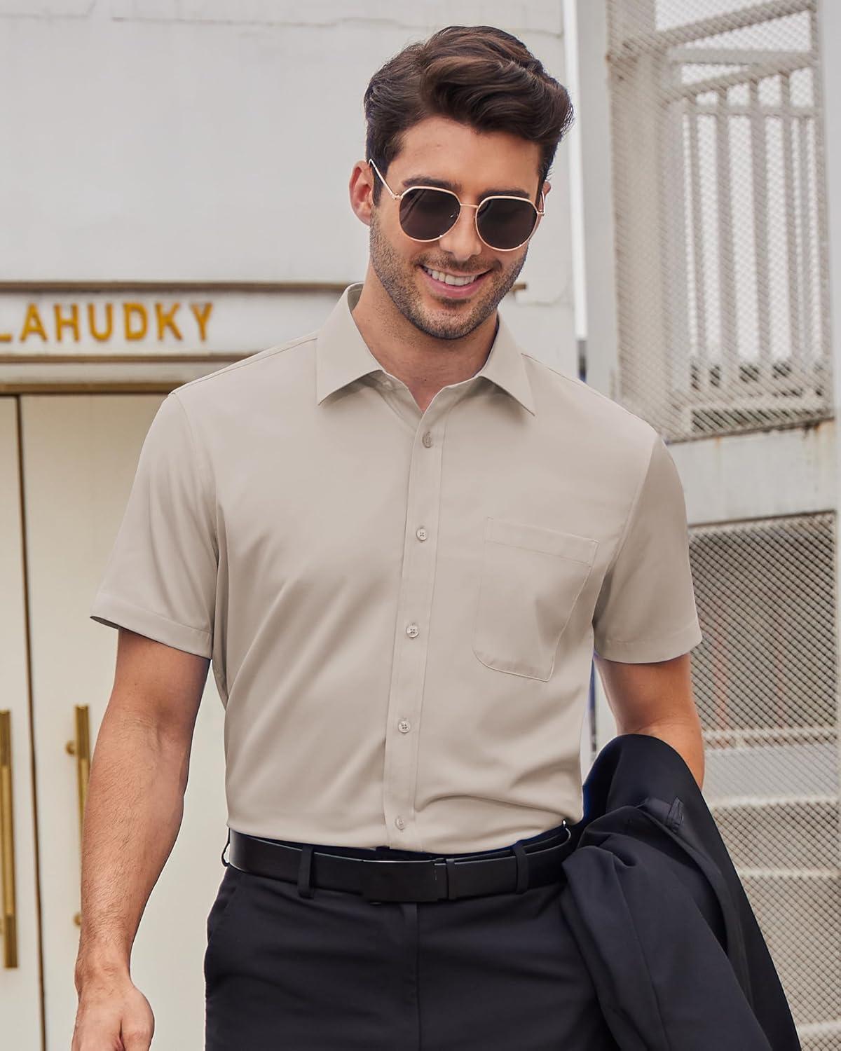 imageAlimens amp Gentle Mens Short Sleeve Dress Shirts Wrinkle Free Solid Casual Button Down Shirts with PocketKhaki