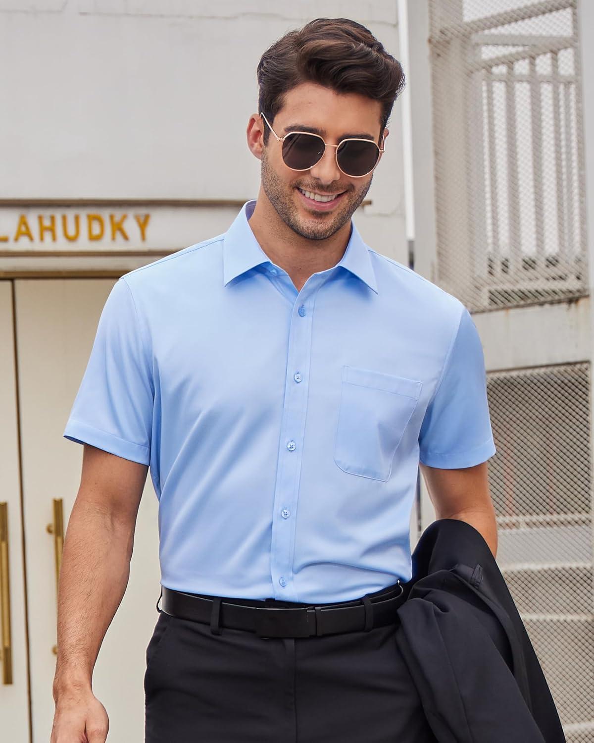 imageAlimens amp Gentle Mens Short Sleeve Dress Shirts Wrinkle Free Solid Casual Button Down Shirts with PocketLight Blue