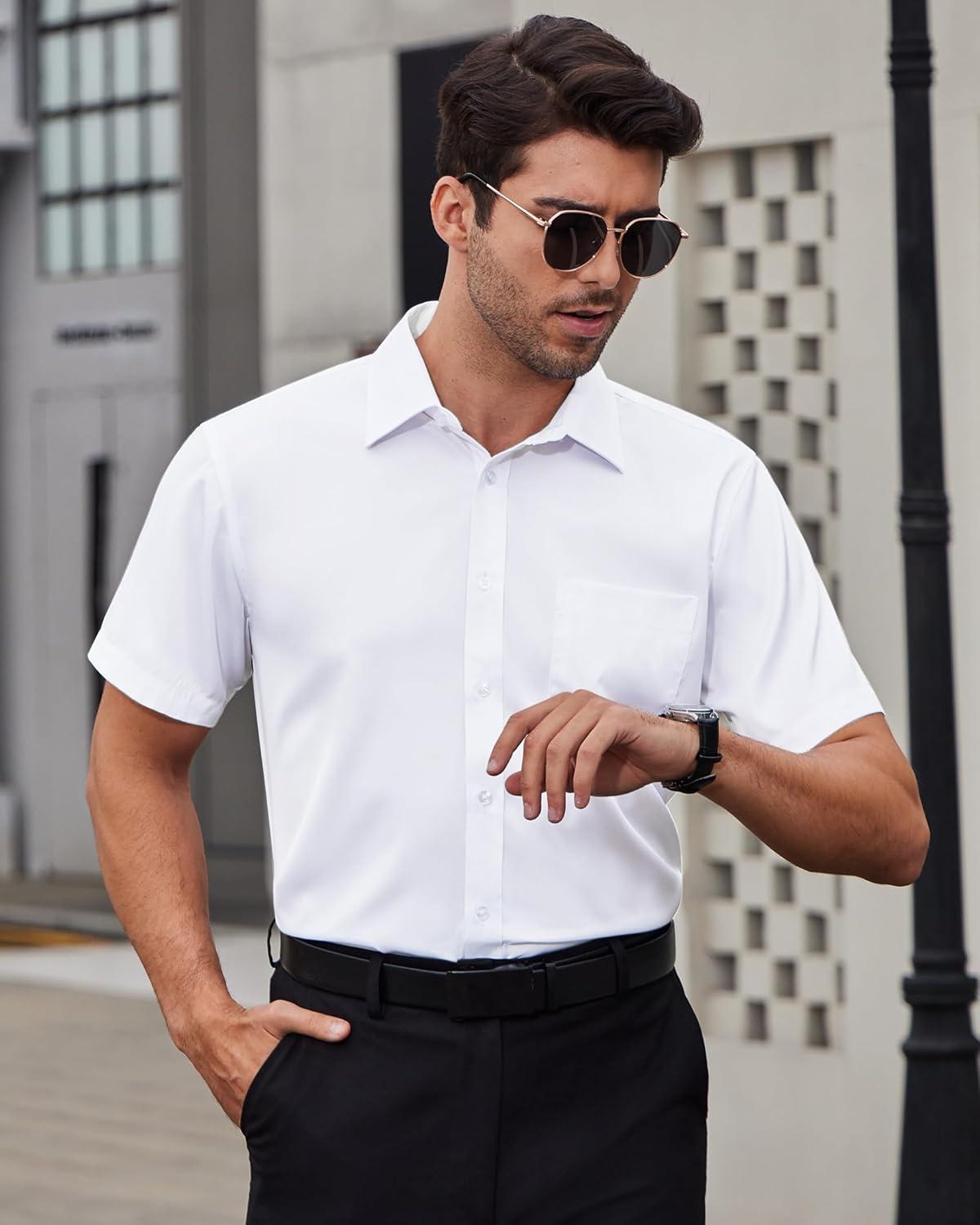 imageAlimens amp Gentle Mens Short Sleeve Dress Shirts Wrinkle Free Solid Casual Button Down Shirts with PocketWhite