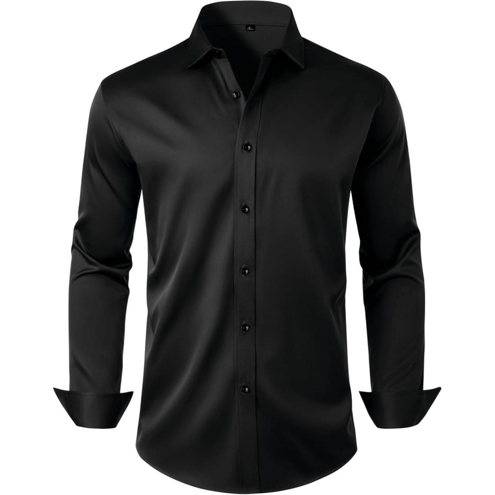 imageAlimens amp Gentle Mens Anti Odor Dress Shirts Long Sleeve Wrinkle Free Stretch Button Down Shirt Business Formal WeddingBlack