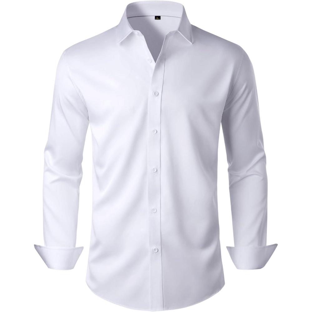 imageAlimens amp Gentle Mens Anti Odor Dress Shirts Long Sleeve Wrinkle Free Stretch Button Down Shirt Business Formal WeddingClassic White