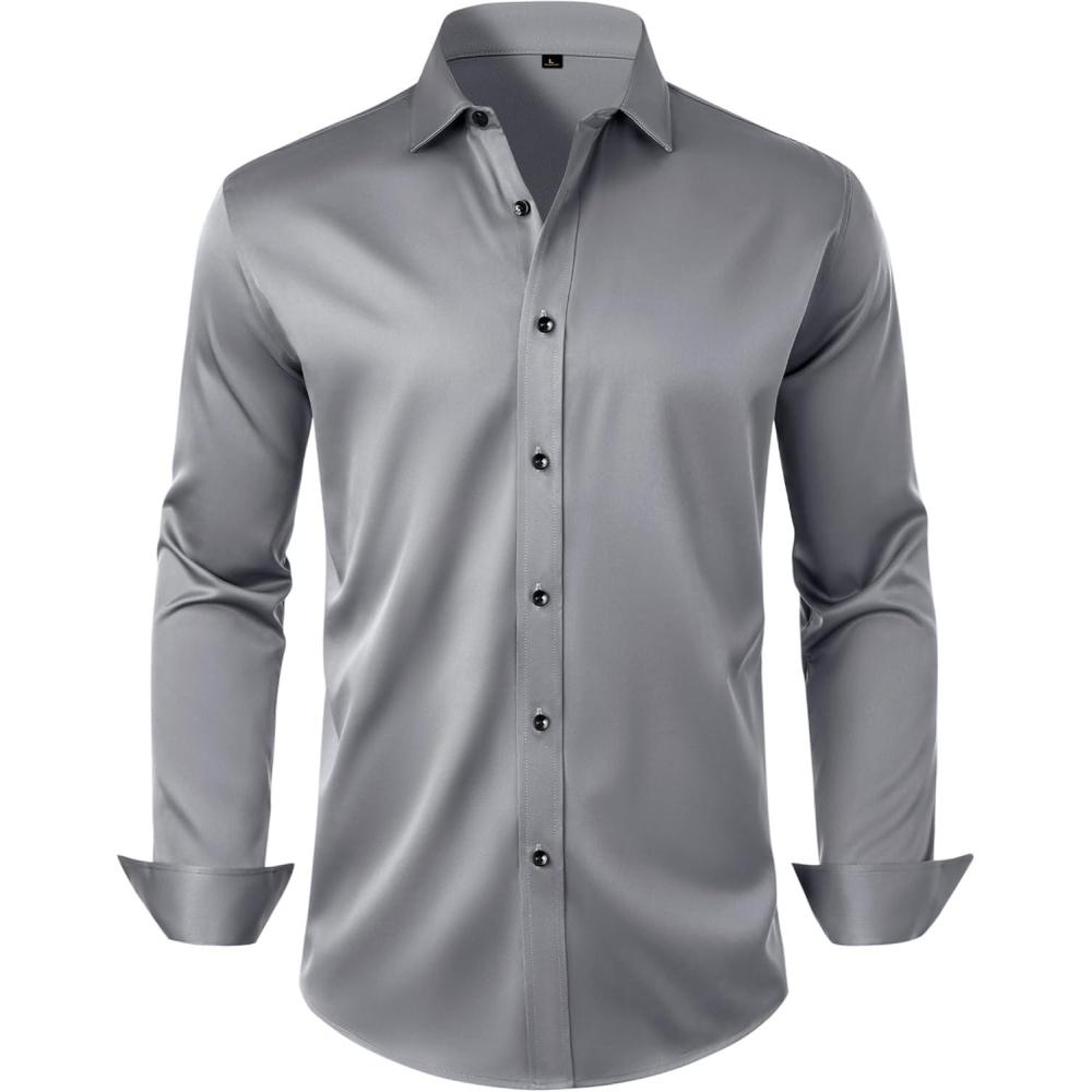 imageAlimens amp Gentle Mens Anti Odor Dress Shirts Long Sleeve Wrinkle Free Stretch Button Down Shirt Business Formal WeddingGrey