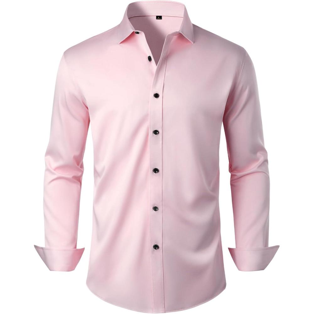 imageAlimens amp Gentle Mens Anti Odor Dress Shirts Long Sleeve Wrinkle Free Stretch Button Down Shirt Business Formal WeddingLight Pink