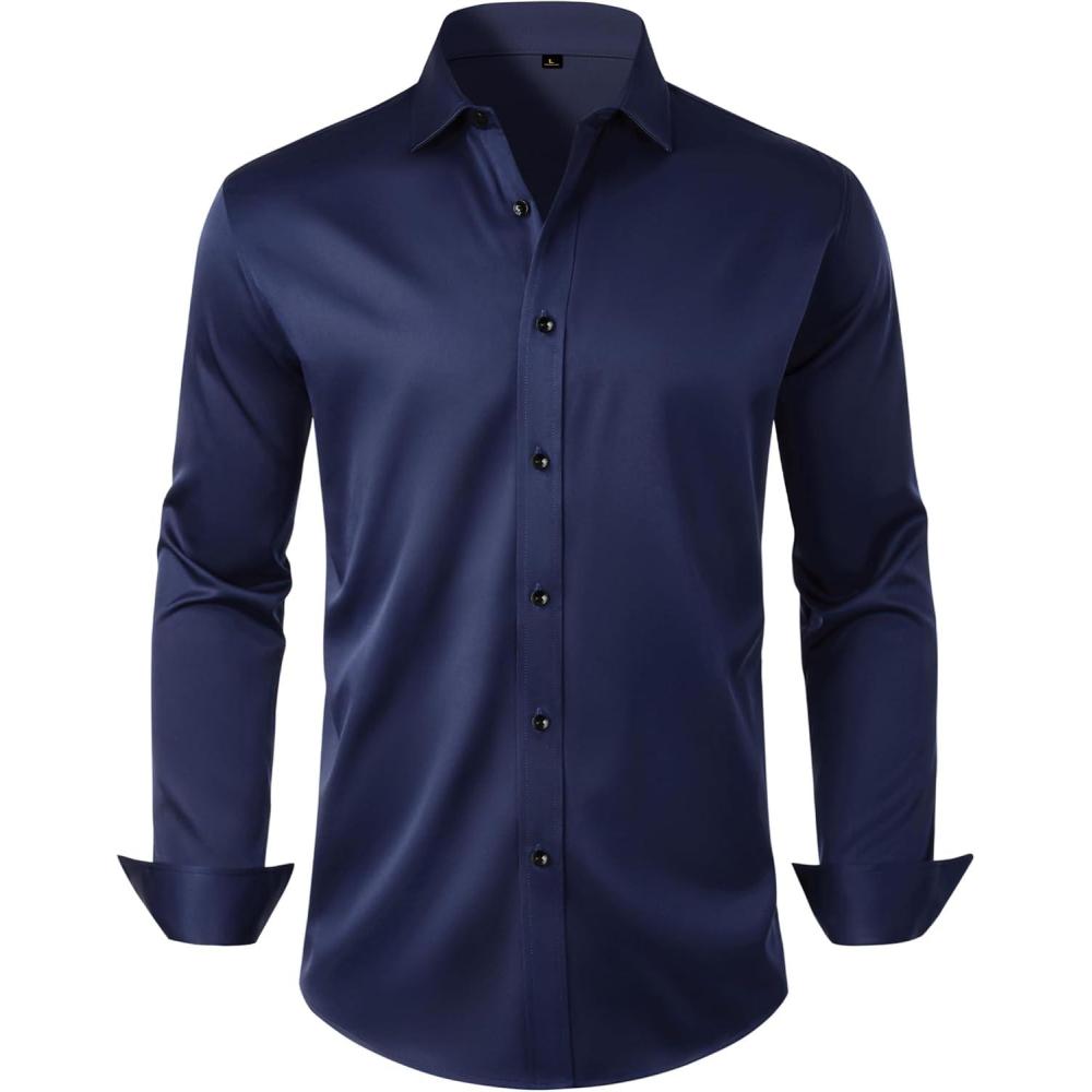 imageAlimens amp Gentle Mens Anti Odor Dress Shirts Long Sleeve Wrinkle Free Stretch Button Down Shirt Business Formal WeddingNavy Blue