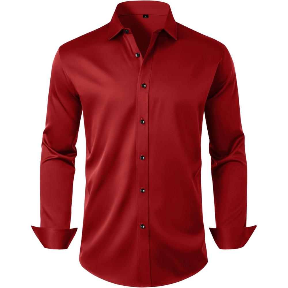 imageAlimens amp Gentle Mens Anti Odor Dress Shirts Long Sleeve Wrinkle Free Stretch Button Down Shirt Business Formal WeddingRed
