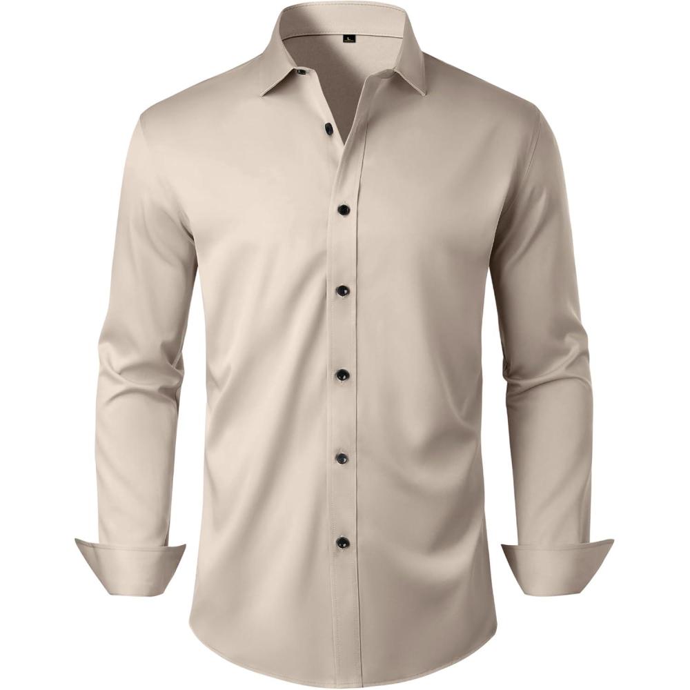 imageAlimens amp Gentle Mens Anti Odor Dress Shirts Long Sleeve Wrinkle Free Stretch Button Down Shirt Business Formal WeddingTan