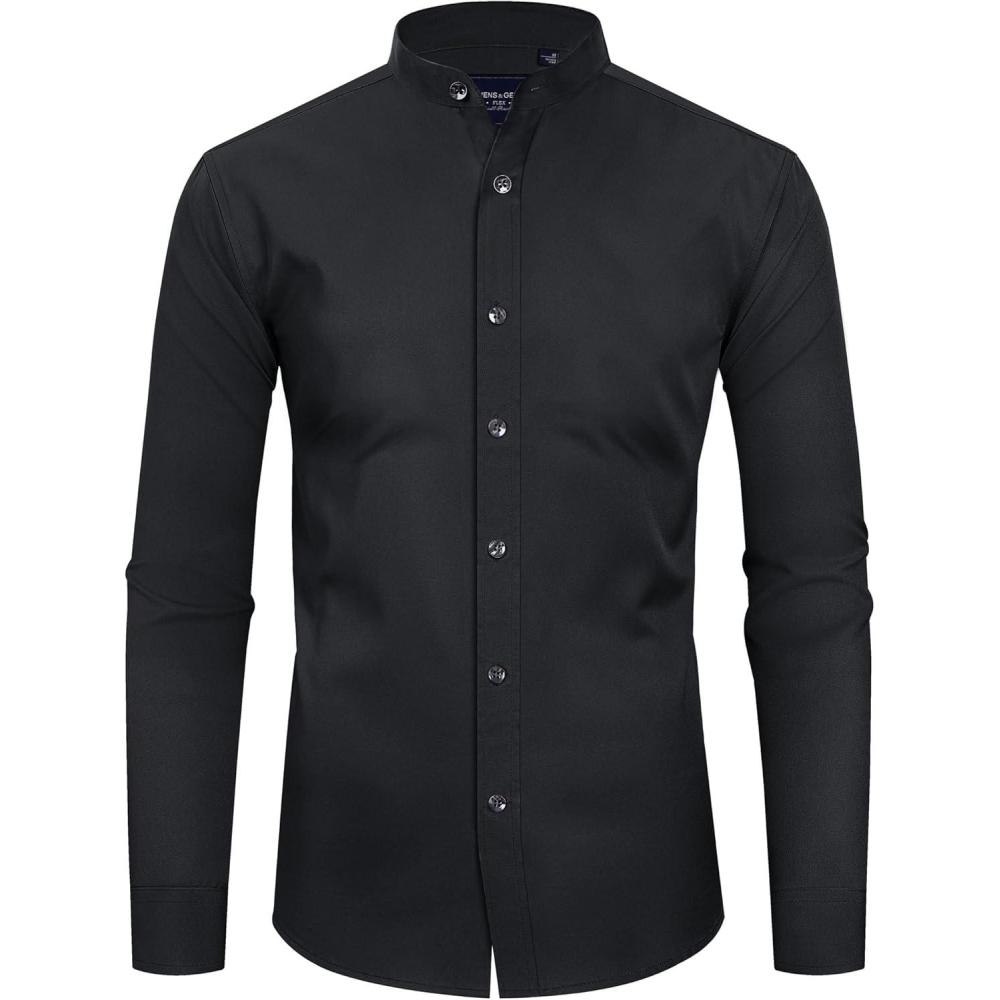 imageAlimens amp Gentle Mens Banded Collar Dress Shirts Wrinkle Free Long Sleeve Mandarin Collar Button Down ShirtBlack