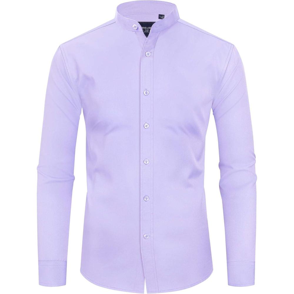 imageAlimens amp Gentle Mens Banded Collar Dress Shirts Wrinkle Free Long Sleeve Mandarin Collar Button Down ShirtLilac