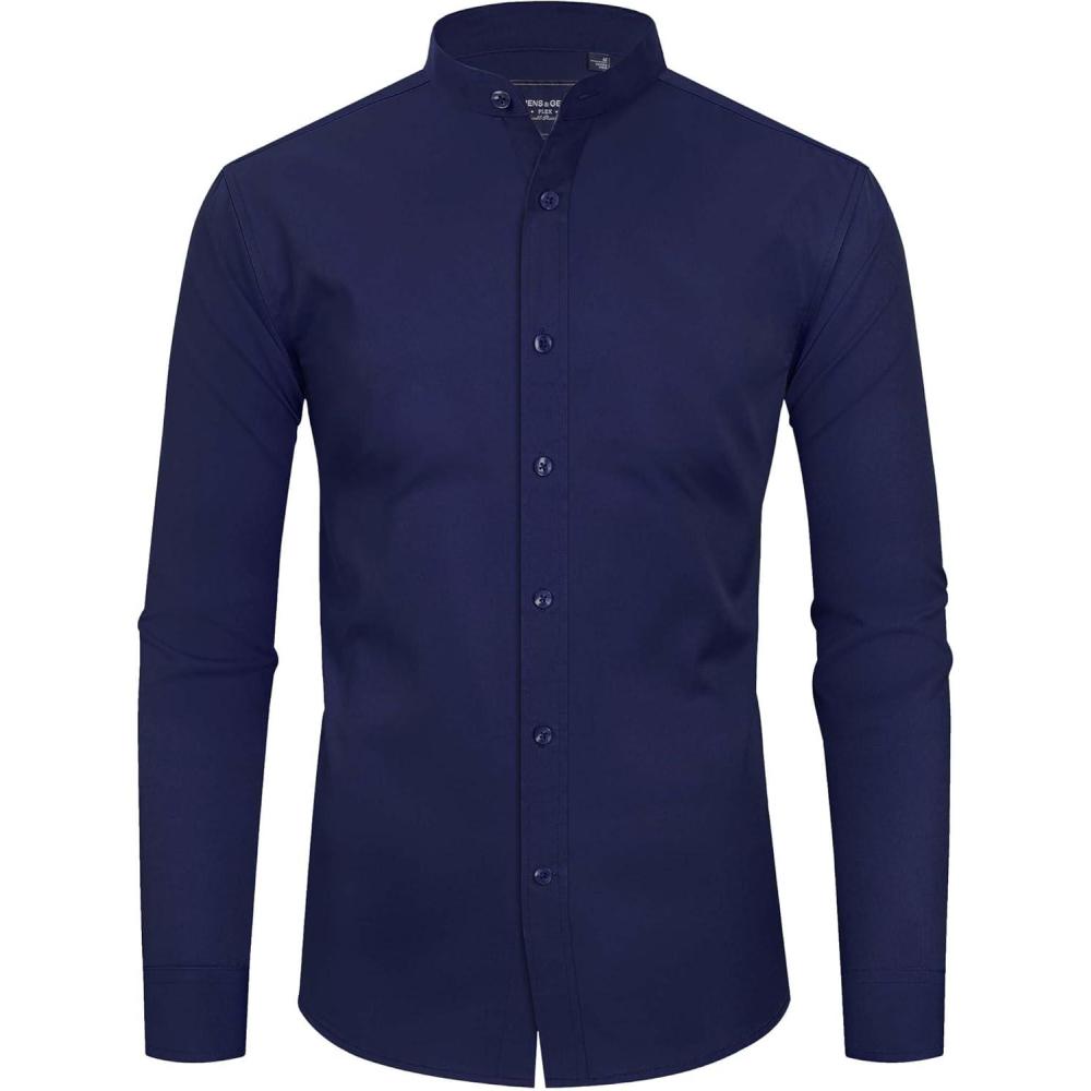 imageAlimens amp Gentle Mens Banded Collar Dress Shirts Wrinkle Free Long Sleeve Mandarin Collar Button Down ShirtNavy