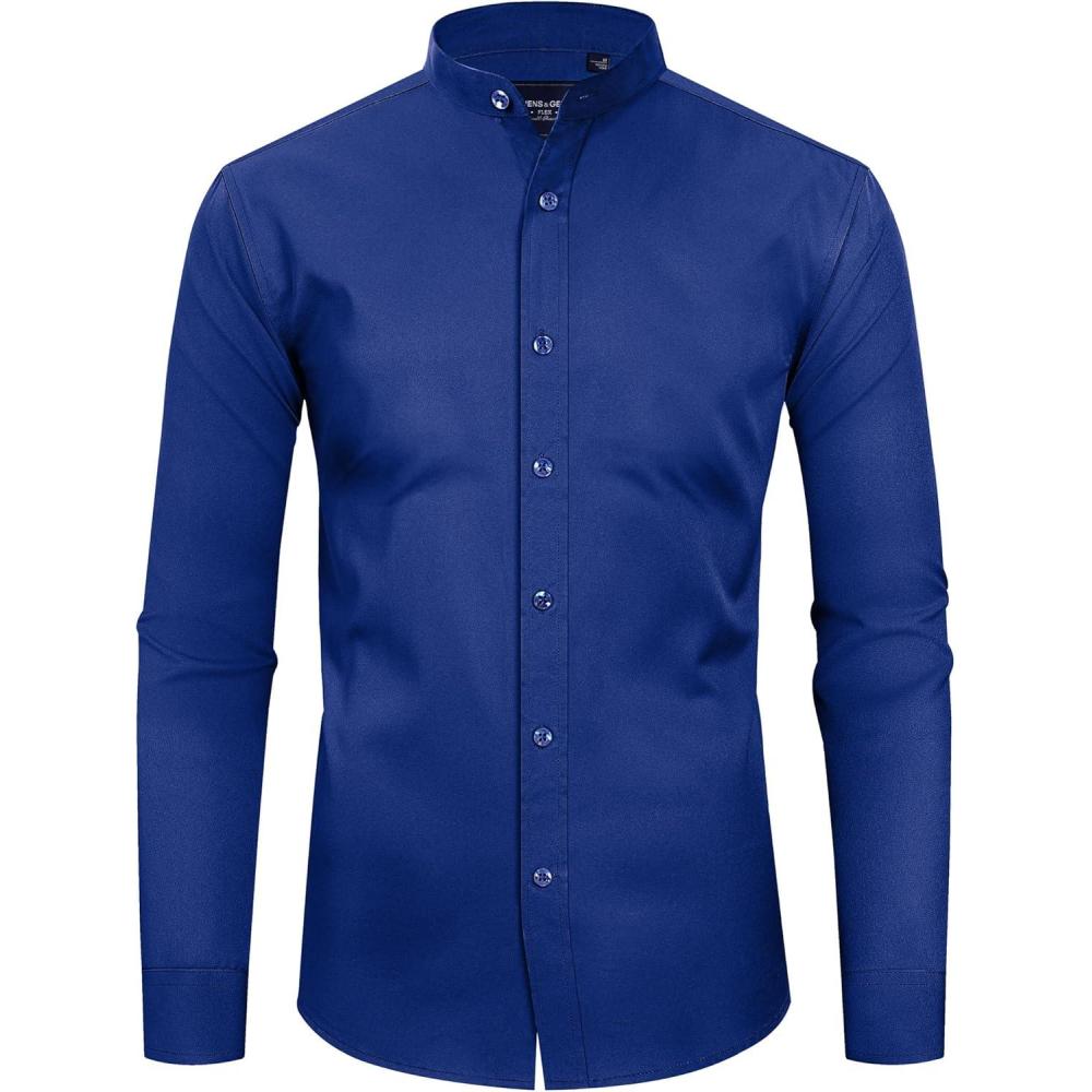 imageAlimens amp Gentle Mens Banded Collar Dress Shirts Wrinkle Free Long Sleeve Mandarin Collar Button Down ShirtRoyal Blue