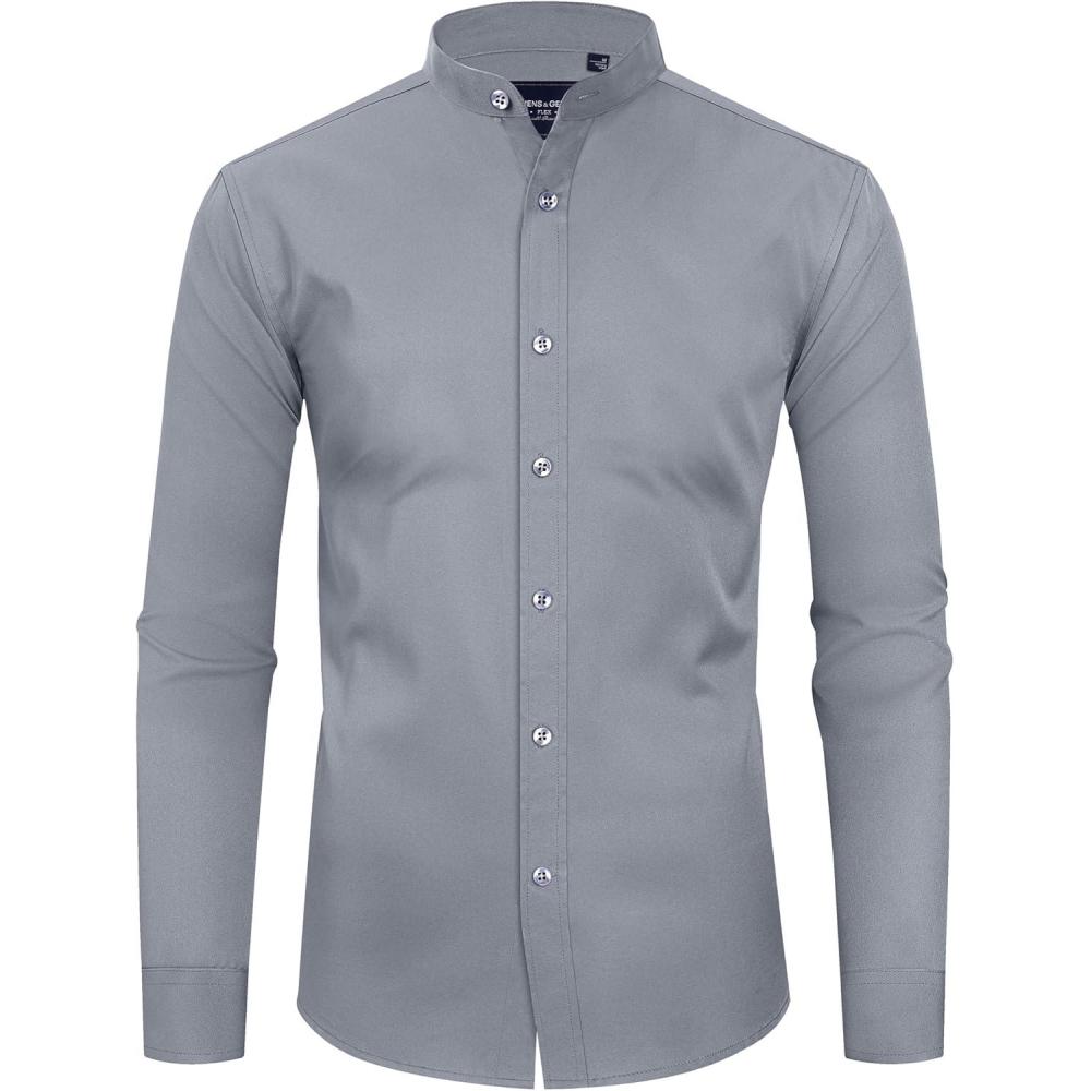 imageAlimens amp Gentle Mens Banded Collar Dress Shirts Wrinkle Free Long Sleeve Mandarin Collar Button Down ShirtSilver Gray